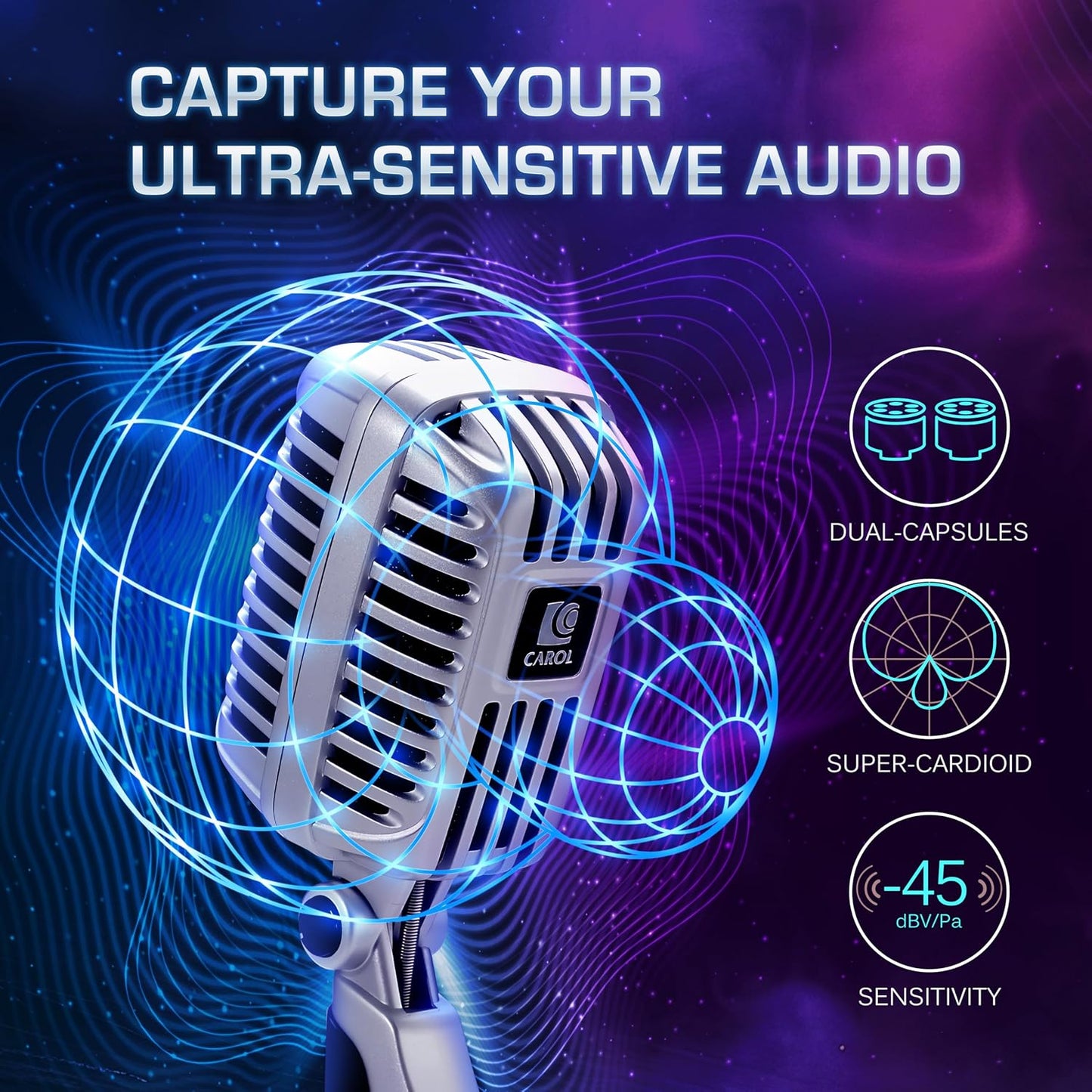 CAROL CLM-101 Retro Wired Vocal Microphone, Dynamic Supercardioid - Black | Retro wired microphone with dual capsules for singing, karaoke, and stage. Includes storage bag and switch.