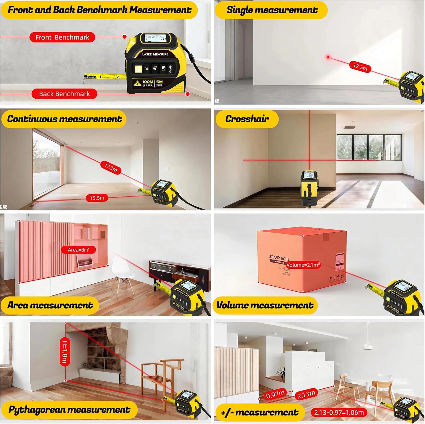 4-in-1 Laser Tape Measure with Level,16Ft Ruler,197Ft Laser | Almighty Digital Laser Distance,Heavy-Duty Tool with Crosshair,Smart Range Finder,Easy-Read Display,Rechargeable