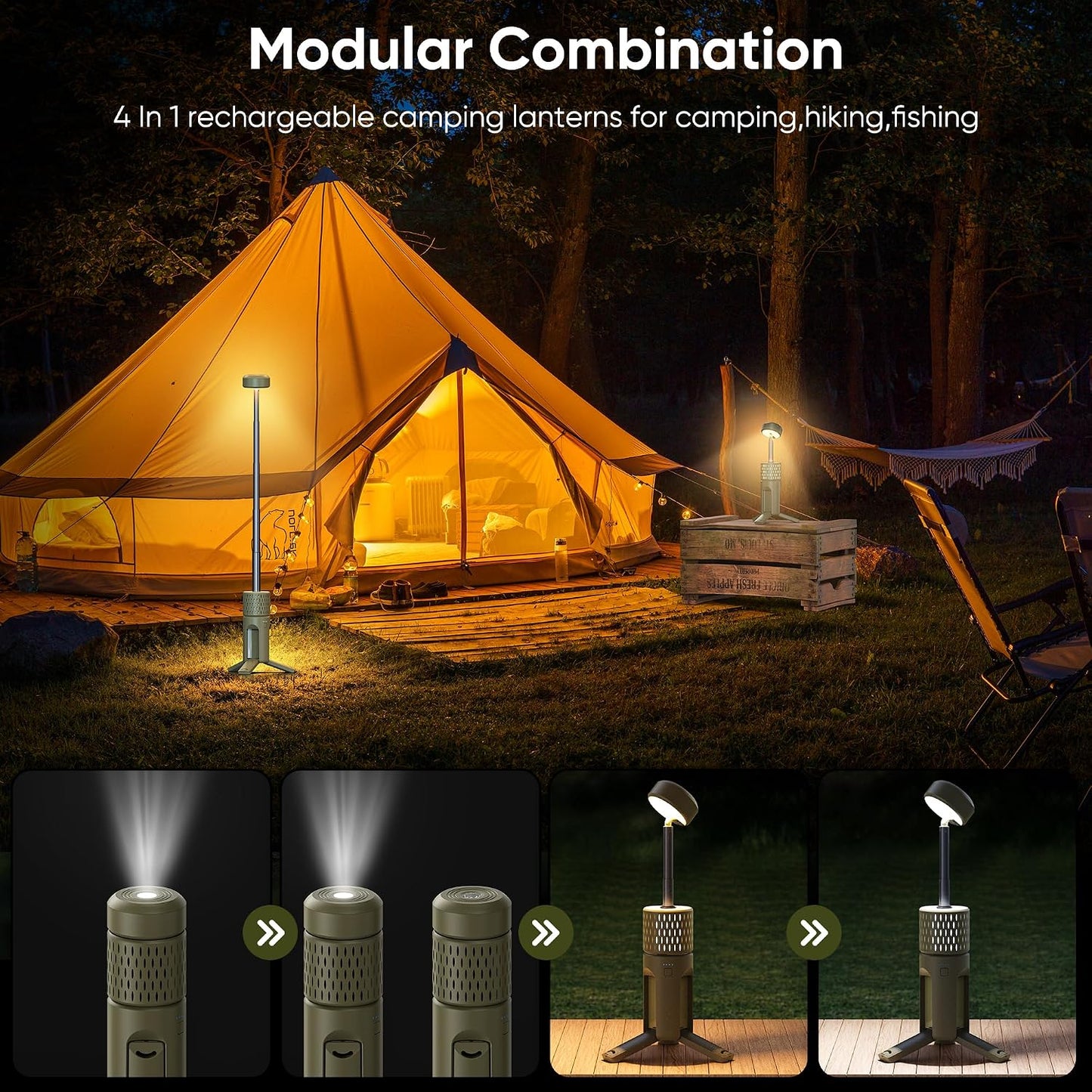 Camping Lights, Rechargeable Collapsible Camping Lanterns | Portable Flashlights, Camping Light for Tent, Emergency, Outdoor, IPX5 Waterproof