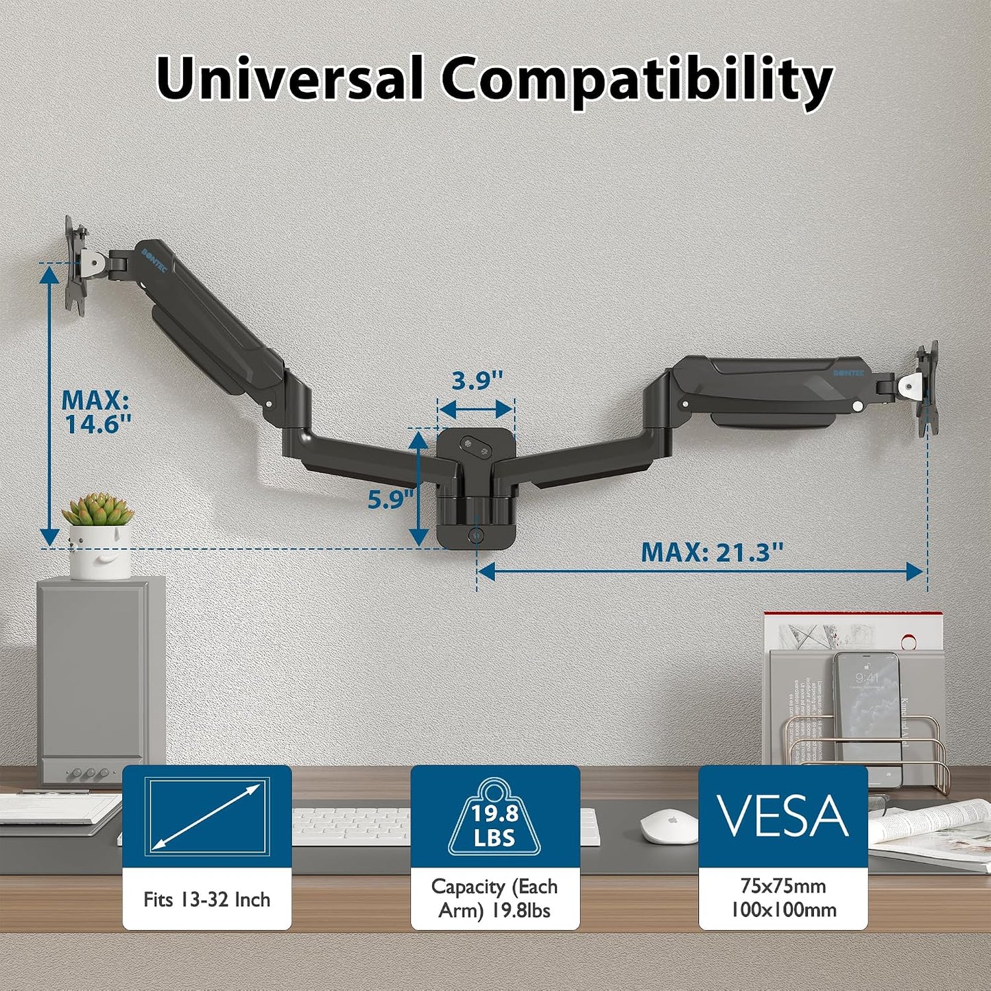 BONTEC Dual Monitor Wall Mount for 13-32 Inch Screens, VESA 75x75/100x100mm | Height Adjustable Gas Spring Arm with Tilt, Swivel & Rotate, Hold Up to 19.8 lbs, Fully Adjustable, Office & Home Use
