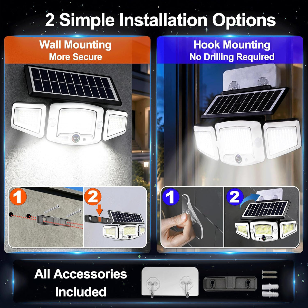 Solar Lights Outdoor Waterproof - Dual Motion Sensors & Rechargeable Battery, 3 Charging Methods Solar Flood Lights, Smart Display LED Security Lights for Garage, Porch, Patio, Yard, Driveway