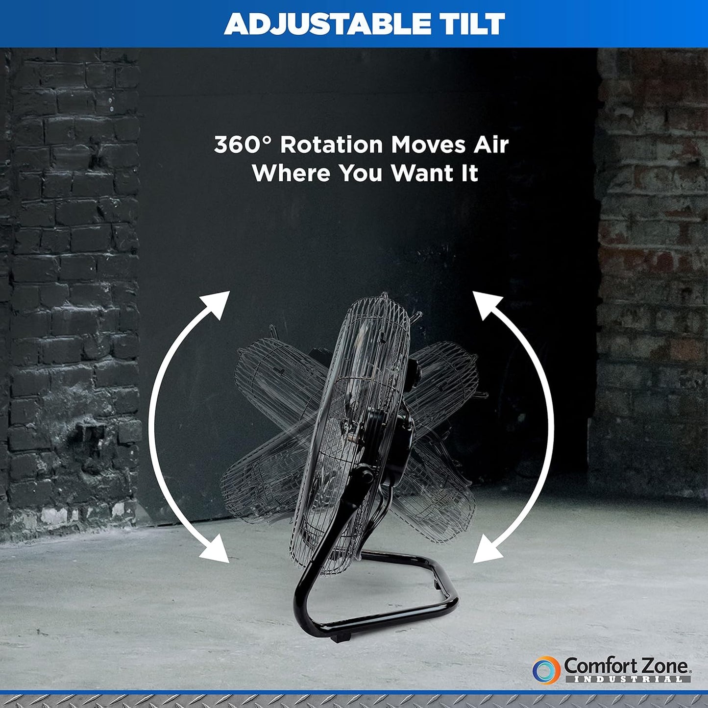 Comfort Zone Cradle Floor Fan, Electric, High-Velocity,180 Degree Adjustable Tilt, 18 inch, 3 Speed, Carry Handle, Rubber Feet, Metal, Airflow 19.36 ft/sec, Ideal for Garage or Workshop, CZHV18BK