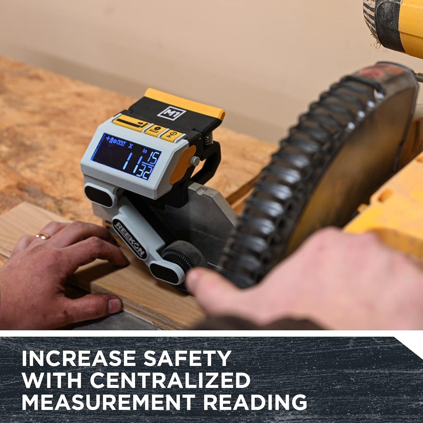 REEKON M1 Caliber Digital Measuring Tool for Miter Saws | Eliminates Tape Measure & Pencil, Fast Repeatable Cuts, English & Metric Display, Broad Saw Compatibility, Job Site Ready