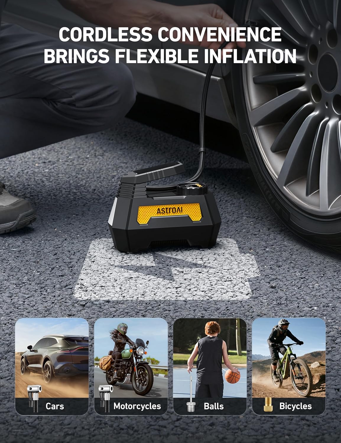 AstroAI H2 Pro Cordless Tire Inflator Portable Air Compressor 12VDC Battery | Dual Power Supply Auto Shut-Off Digital Pressure Gauge Fast Inflation Air Pump for Cars Motorcycles Bikes Ball Gift Yellow