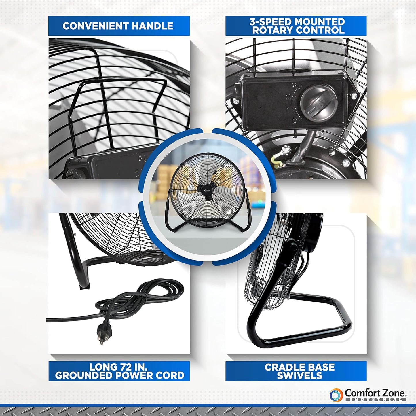 Comfort Zone Cradle Floor Fan, Electric, High-Velocity,180 Degree Adjustable Tilt, 18 inch, 3 Speed, Carry Handle, Rubber Feet, Metal, Airflow 19.36 ft/sec, Ideal for Garage or Workshop, CZHV18BK
