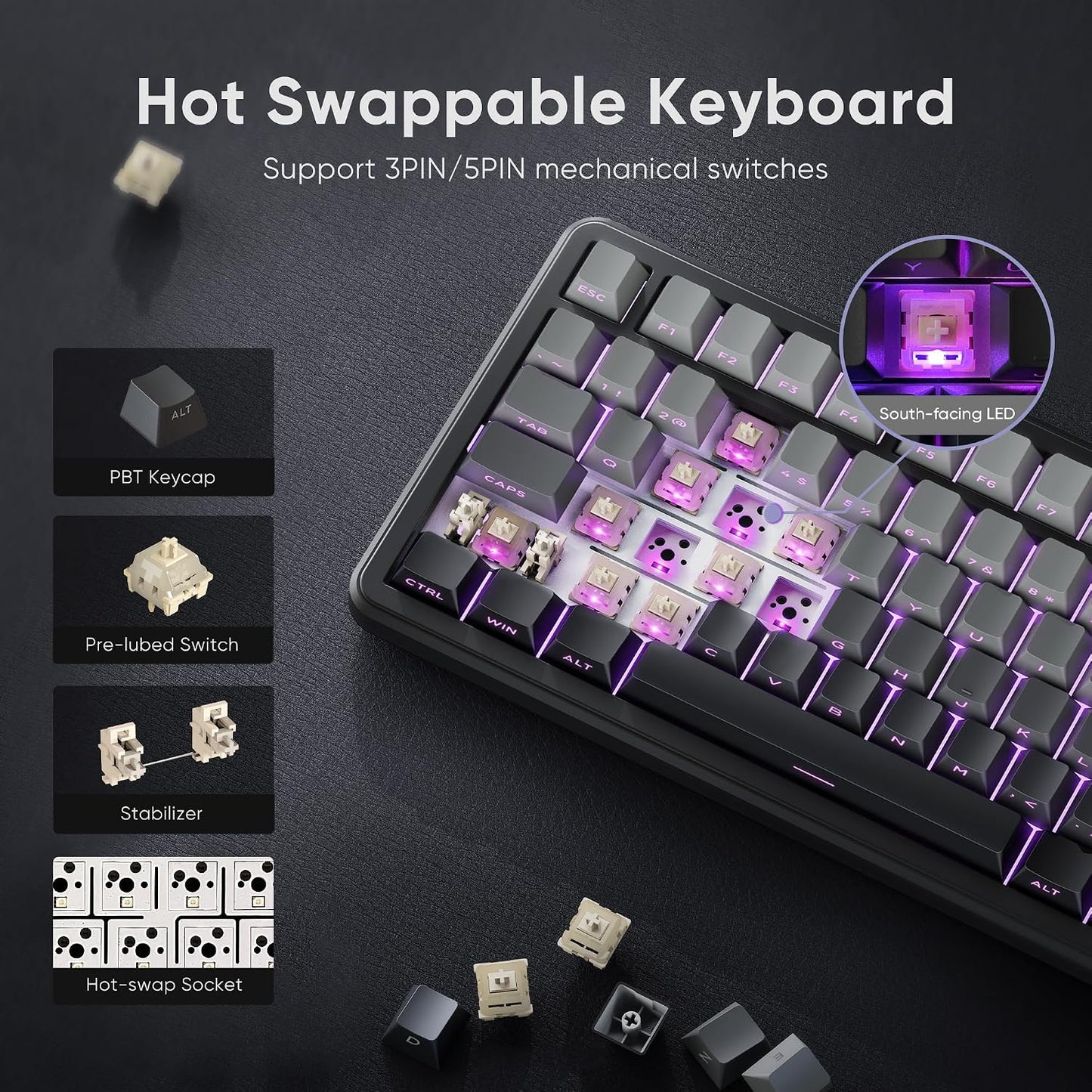 RedThunder K75 Wireless Mechanical Gaming Keyboard, 75% Hot Swappable Creamy Keyboard with Knob, RGB Backlit, Pre-lubed Linear Switches, Side Engraved PBT Keycaps, Wireless/Wired/BT5.0, Gradient Gray