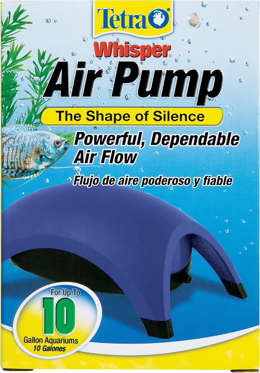 Tetra Whisper Air Pump for Up to 10 Gallon Aquariums, Non-UL | Suspended Motor For Quiet Operation, Provides Oxygen & Water Movement In Fish Tank, For Freshwater Or Marine Fish