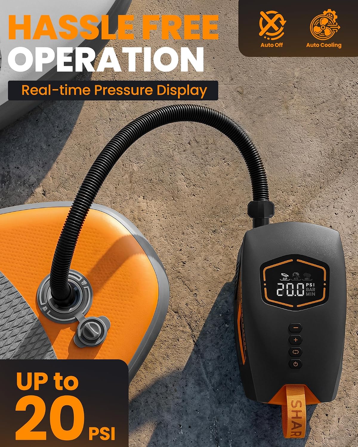 OutdoorMaster Shark 3 Mini 74Wh Portable Paddle Board Pump Electric | 5'30" Fast Inflation, Rechargeable SUP Air Pump, Auto-Off & Deflation, 20PSI 12V/15.8V DC Input, 8 Nozzles for Inflatables