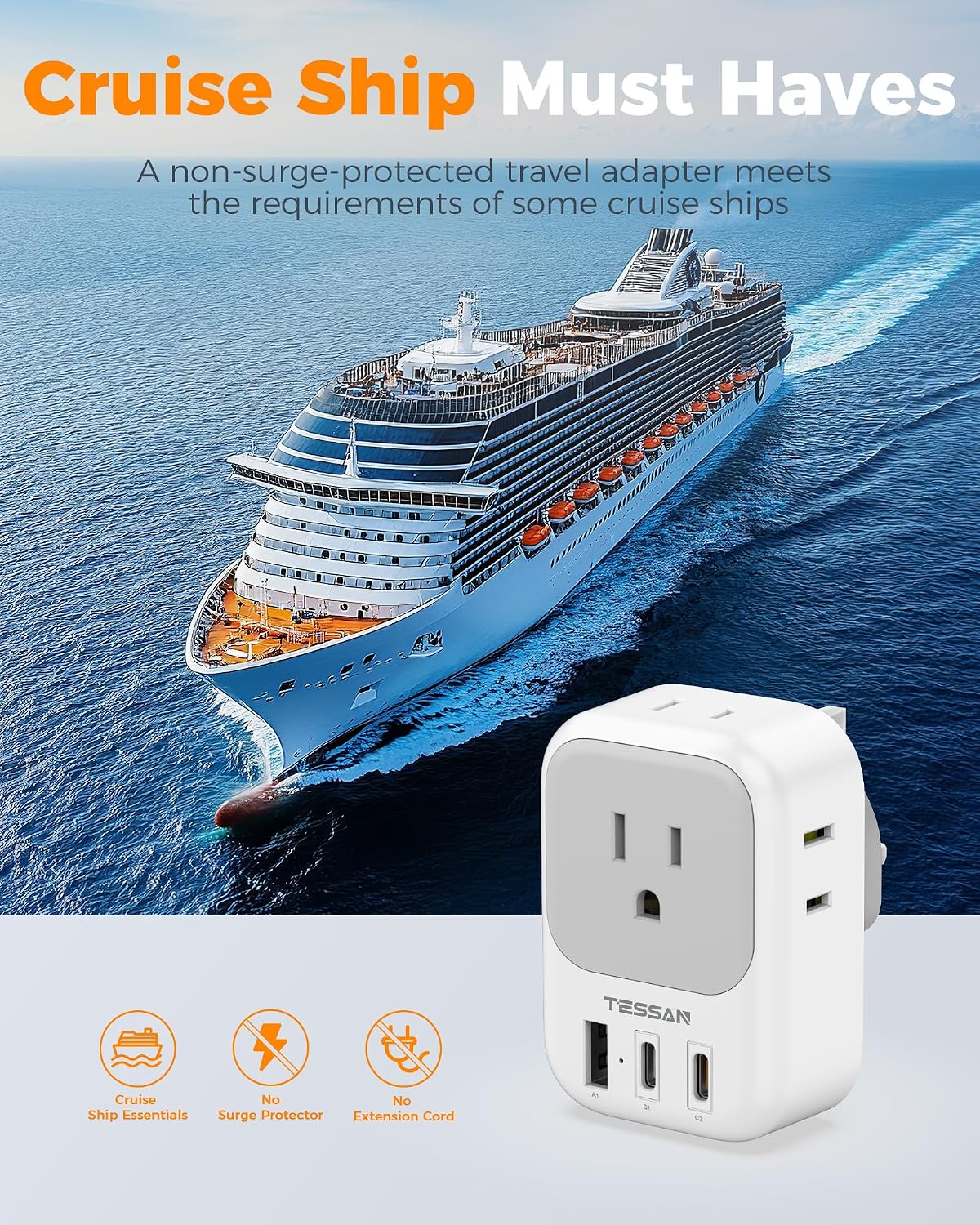 TESSAN UK Travel Adapters PD 20W, 2 Pack Type G | 4 Outlets 3 USB (2 USB-C), US to UK Ireland London Scotland England, Kenya Dubai Singapore Hong Kong
