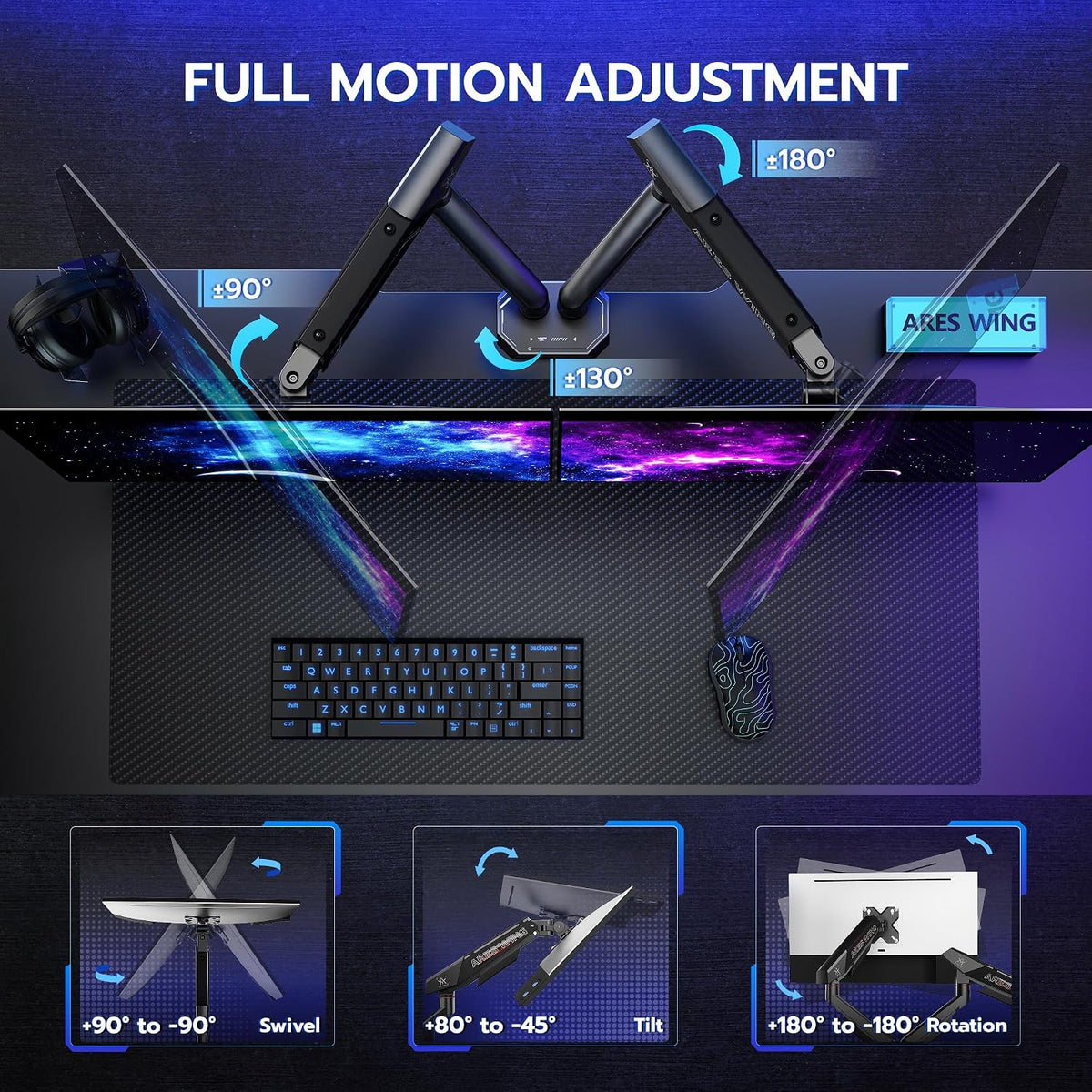 ARES WING Dual Monitor Arm for 17-35 Inch Flat Curved Screens, Black