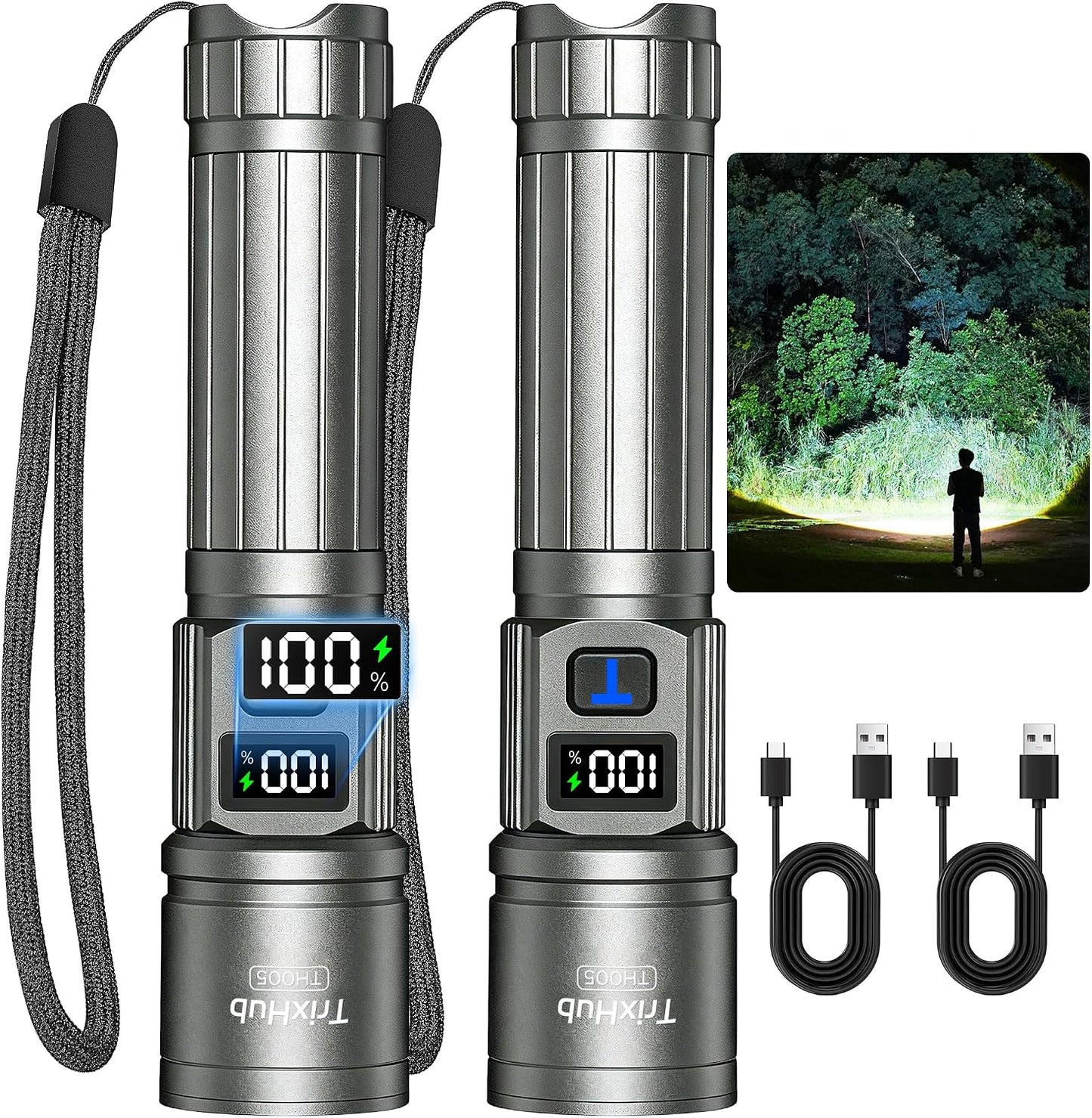 Rechargeable Flashlights 2 Pack, Super Bright High Lumens Flash Light, 5 Modes Zoomable Linternas with LCD Digital Display, Powerful Handheld LED Flashlights for Home Camping (Titanium)