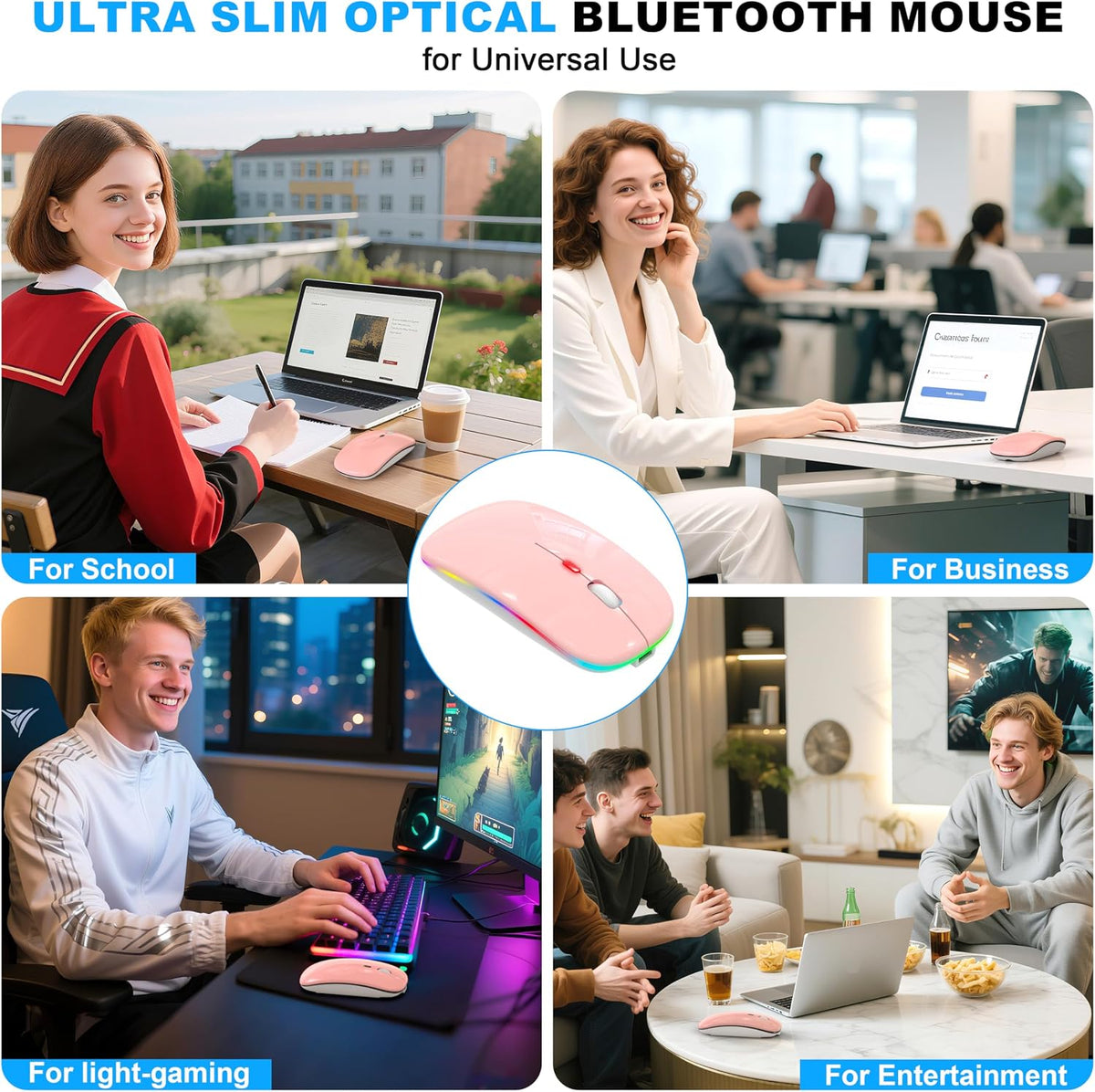 LED Bluetooth Wireless Mouse for MacBook Air Mac Pro Laptop iPad–Baby Pink