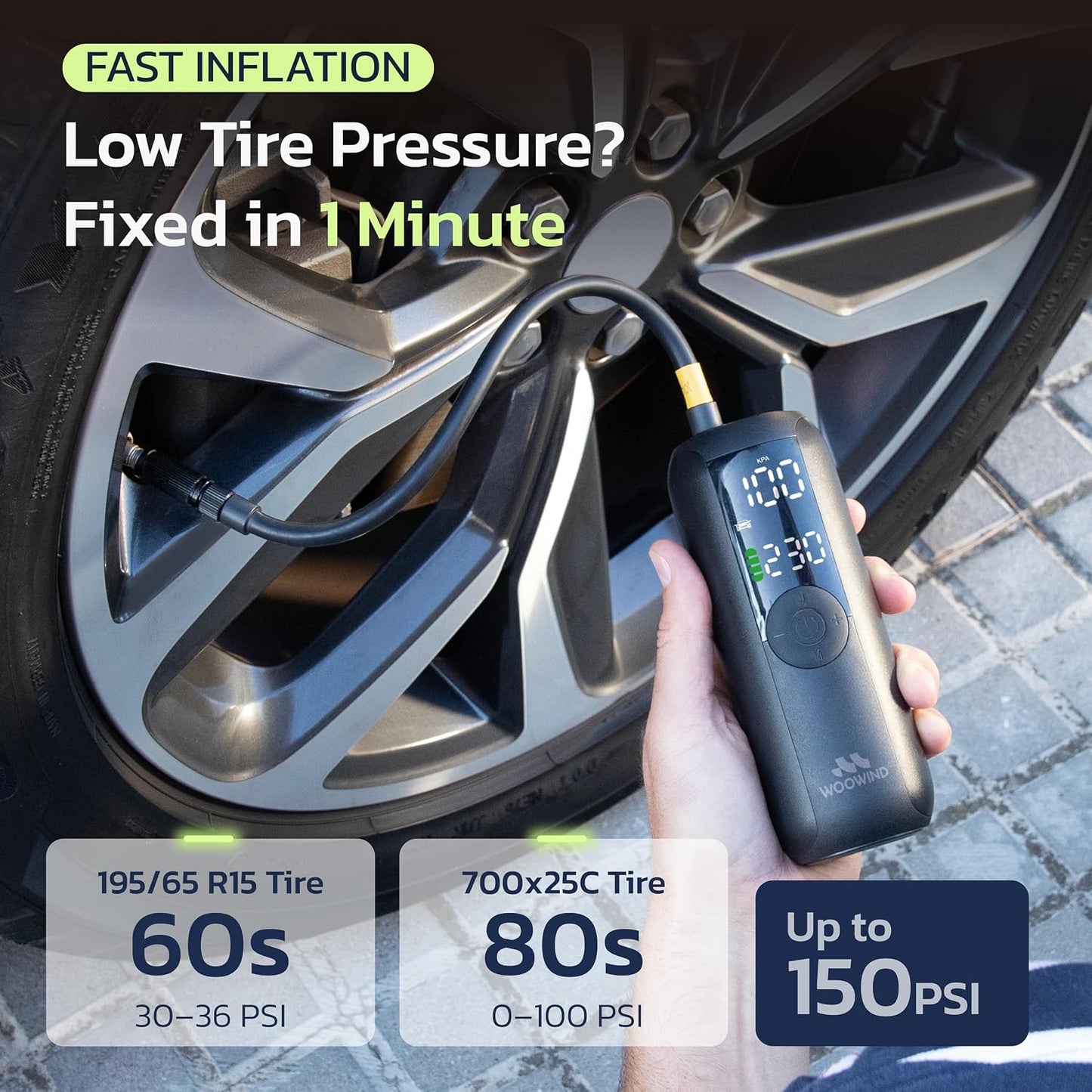 Bike Pump Portable Air Compressor for Cars & Bikes, 150 PSI | Tire Inflator For Car, 1 Minute Inflation, Air Pump For Car Tires, Auto Shut-Off, Digital Pressure Gauge