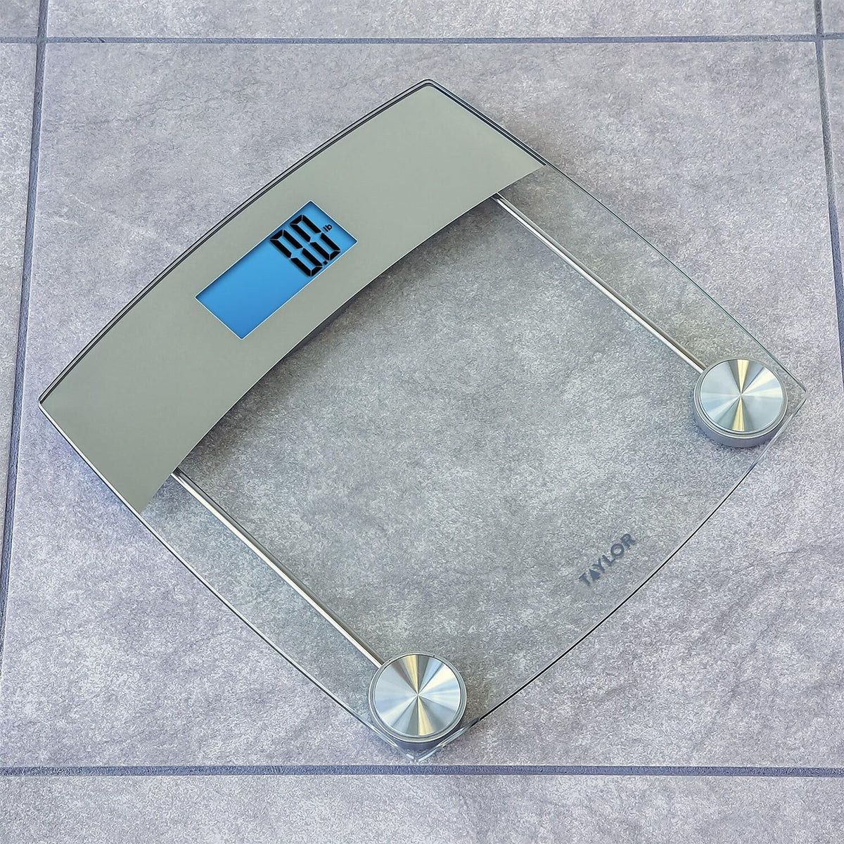 Taylor Digital Scales for Body Weight, Extra High 440 LB Capacity, Unique Blue LCD, Stainless Steel Accents Glass Platform, 12.4 x 12.4 Inches, Clear