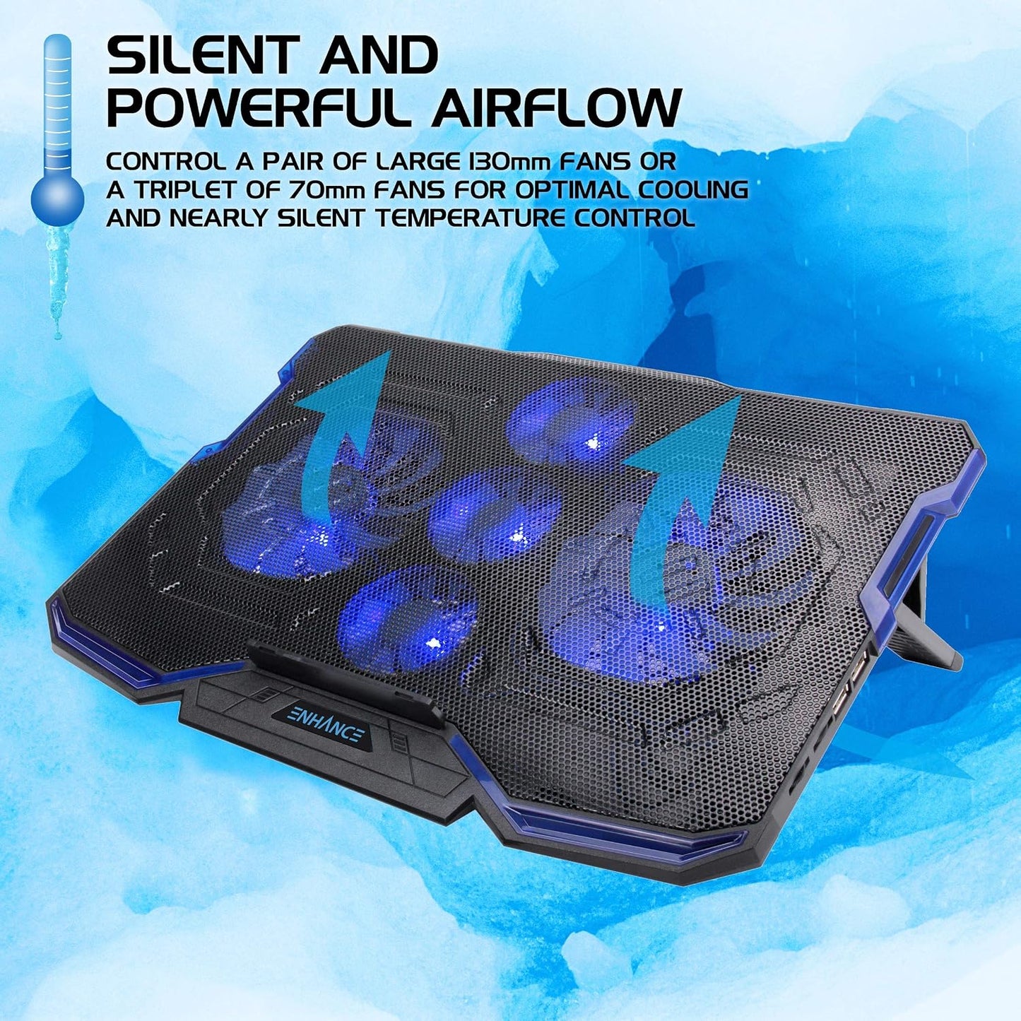 ENHANCE Cryogen Gaming Laptop Cooling Pad - Fits 17 in Computer- Adjustable Laptop Cooling Stand with 5 Quiet Cooler Fans, 2 USB Ports and LED Lighting - Slim Portable Design 2500 RPM (Blue)