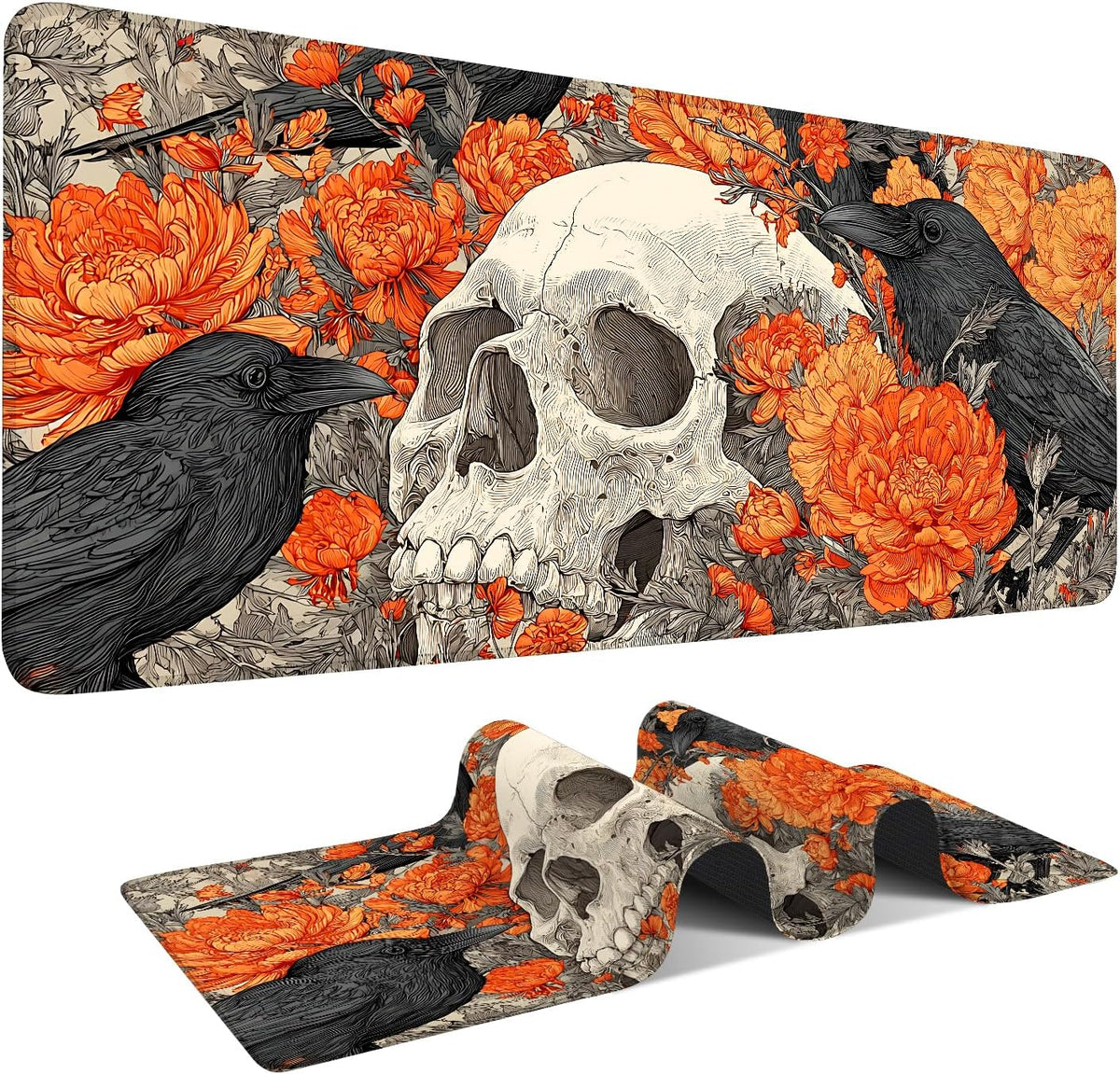 Mouse Pad Desk Mat for Desktop, Large 35.43" x 15.75" Extended Gaming Mousepad with Skull and Raven Design, Waterproof Non-Slip Rubber Base, Computer Laptop Desk Accessories for Women Men Home Office