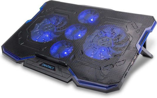 ENHANCE Cryogen Gaming Laptop Cooling Pad - Fits 17 in Computer- Adjustable Laptop Cooling Stand with 5 Quiet Cooler Fans, 2 USB Ports and LED Lighting - Slim Portable Design 2500 RPM (Blue)