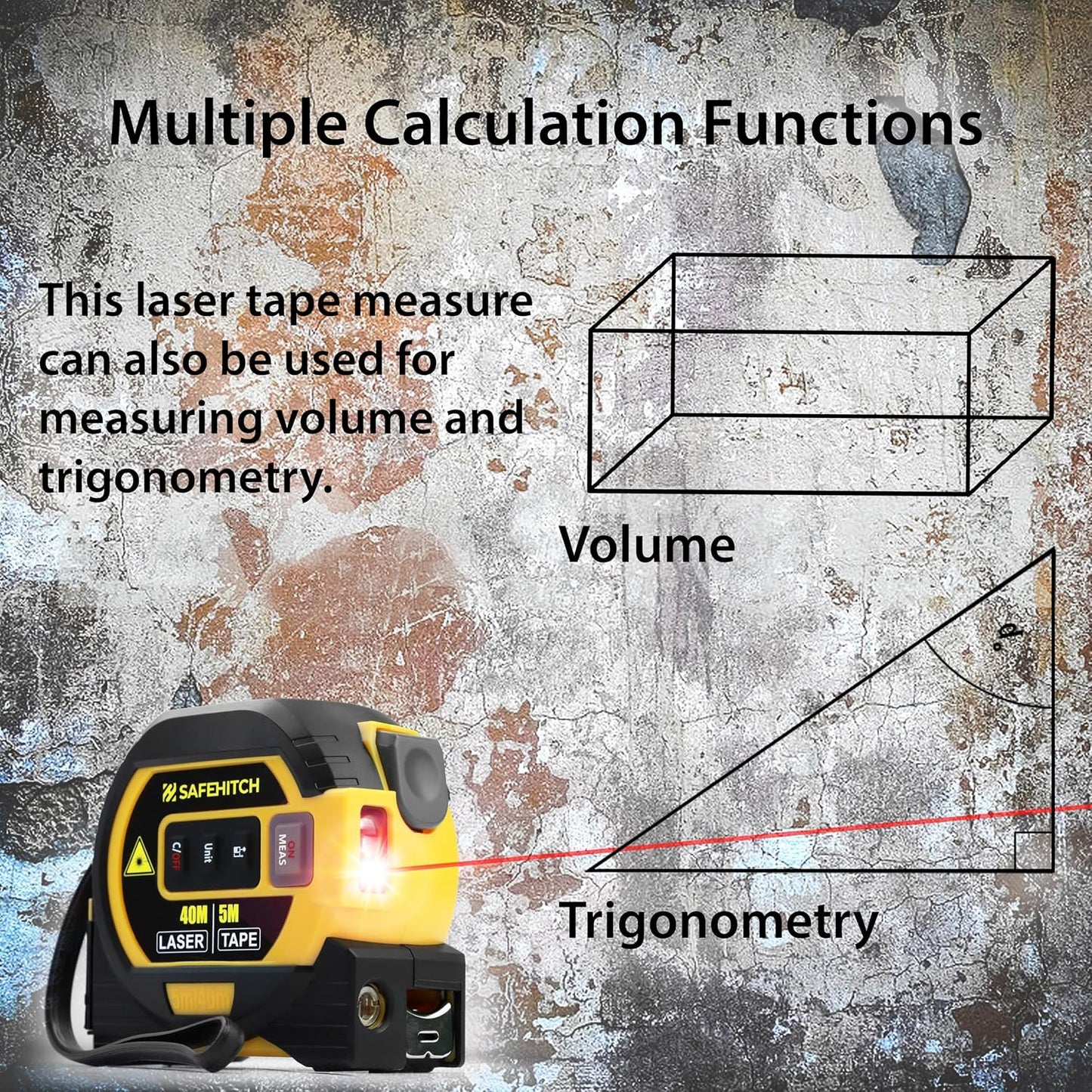 Laser Tape Measure 3-in-1 with Large LCD Display | Digital Laser Measurement Tool in/ft/m Scales up to 131ft/40M with calculations | Tape Measure 16ft/5M and Cross Line Laser Yellow