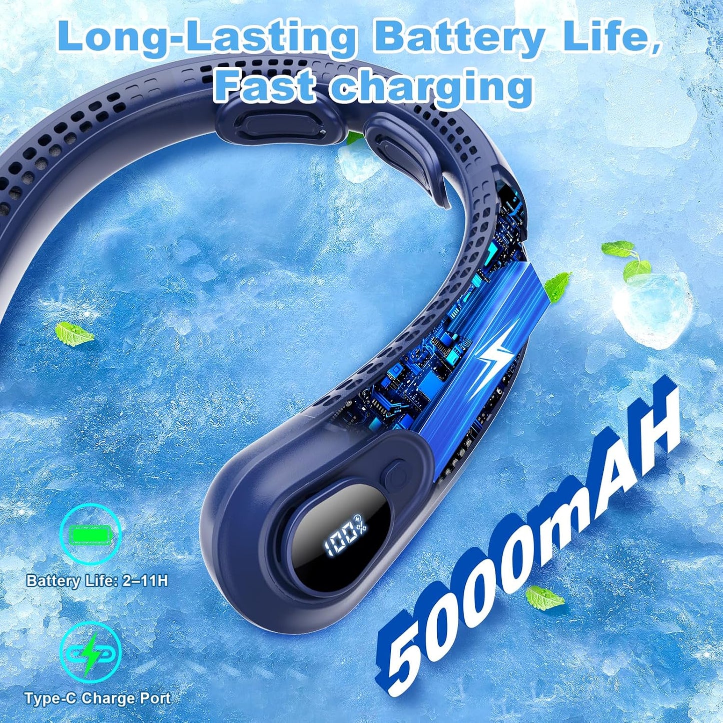 Portable Neck Fan Rechargeable - [with LED Display] 5 Speeds, 5000 mAh Battery Operated Wearable Personal Cooling Bladeless Fan for Outdoor Travel, Gifts for Men Women Kids,Dark Blue