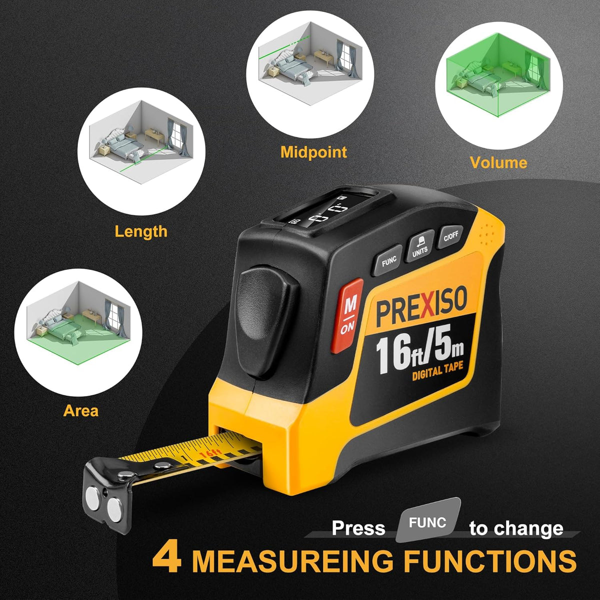 PREXISO 2-in-1 Digital Tape Measure, 16Ft Rechargeable Measuring Tape | Auto Lock Digital Measuring Tape Magnetic, Ft/Ft+in/in/M/CM/MM - Metric & Inch Measurement Tape Pythagorean, Area, Volume