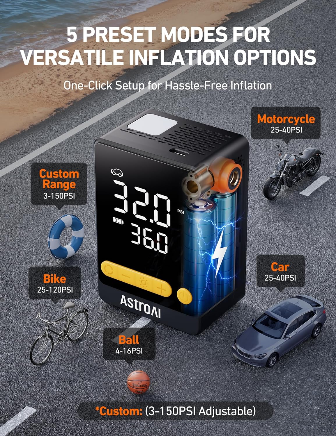 AstroAI Bike Pump, 12s Fast Inflate Electric Bicycle Pump, 150PSI Tire Inflator Portable Air Compressor, Ball Pump with Tire Pressure Gauge & LED Light, L10 Mini Air Pump Suitable for Car Tires, Bikes