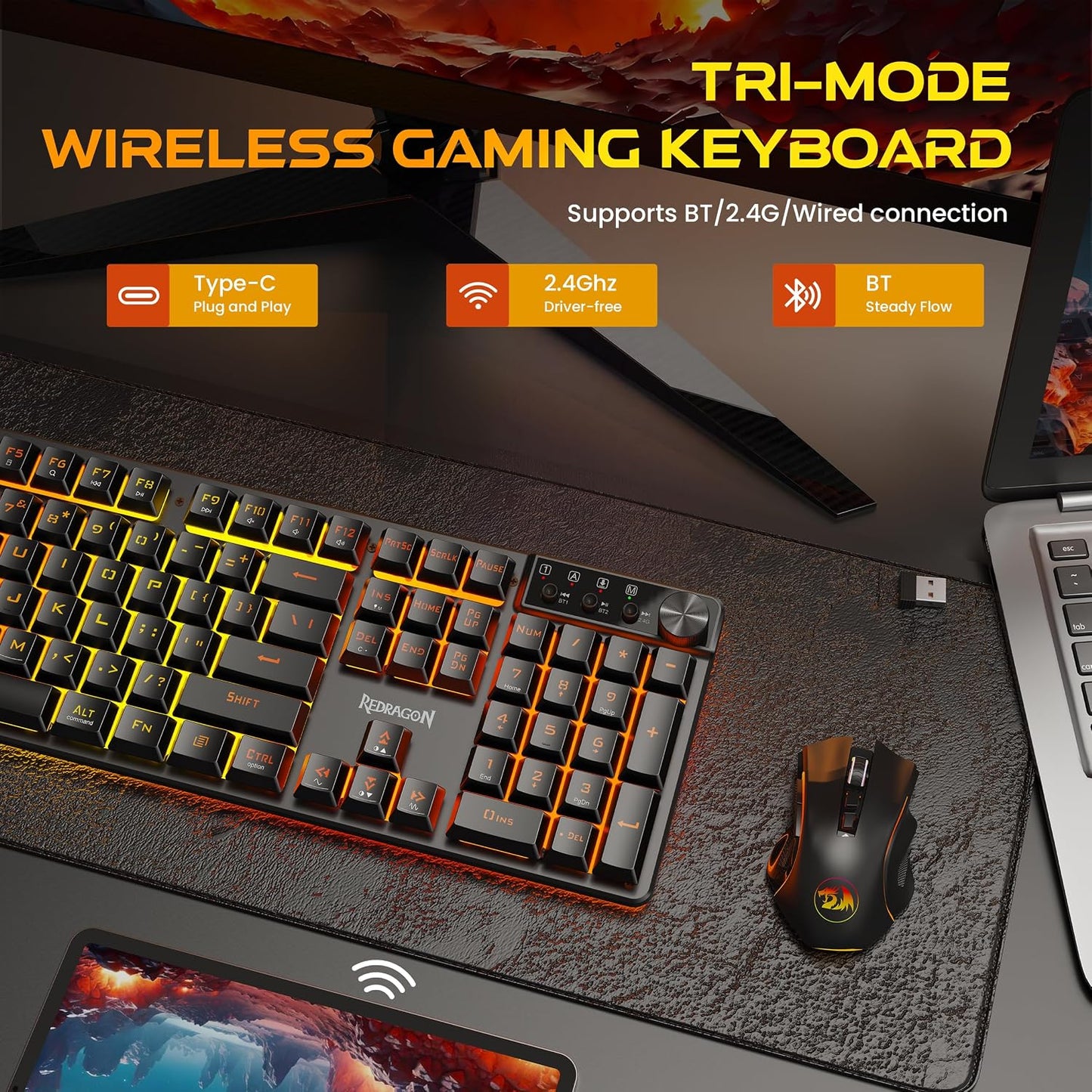 Redragon K521KS Wireless Gaming Keyboard, Tri-Mode BT/2.4G/USB-C RGB Mechanical Feeling Keyboard with Multimedia Keys, 4000mAh Battery, Anti-Ghosting, Compatible with PC - Upgrade