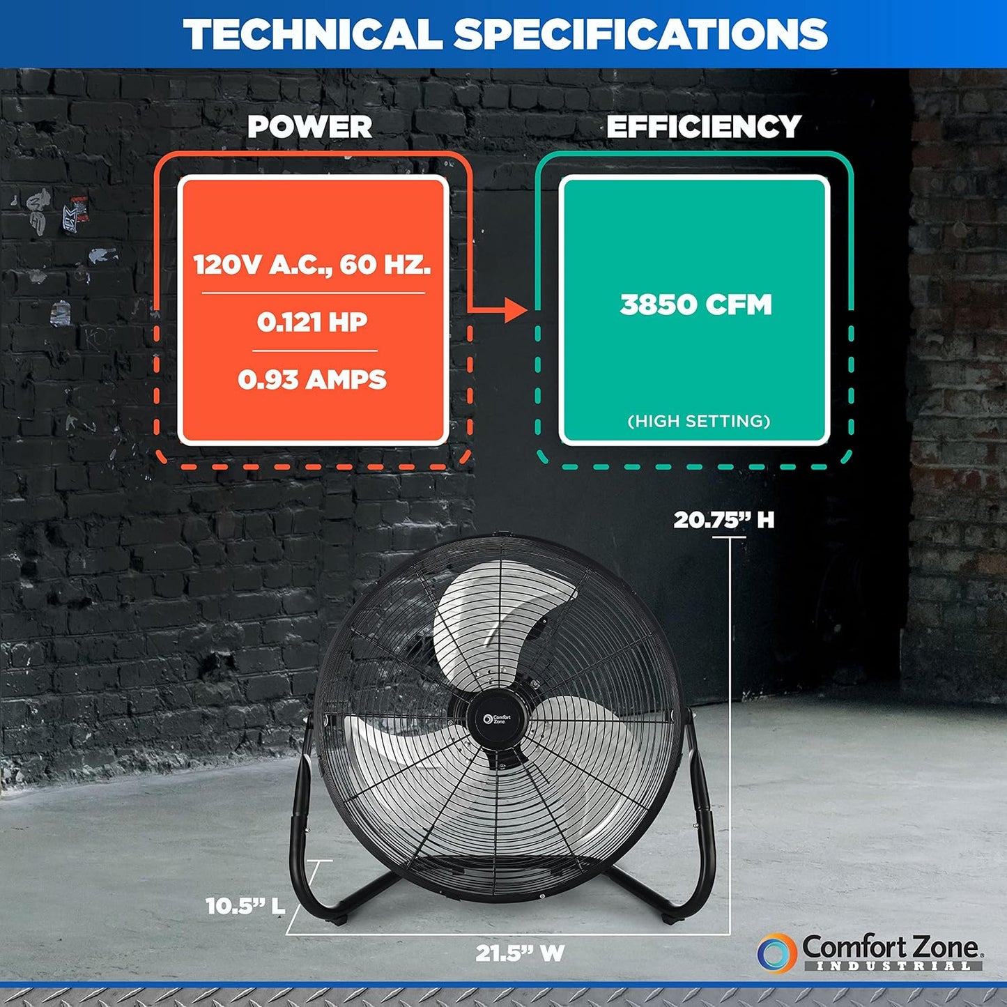 Comfort Zone Cradle Floor Fan, Electric, High-Velocity,180 Degree Adjustable Tilt, 18 inch, 3 Speed, Carry Handle, Rubber Feet, Metal, Airflow 19.36 ft/sec, Ideal for Garage or Workshop, CZHV18BK