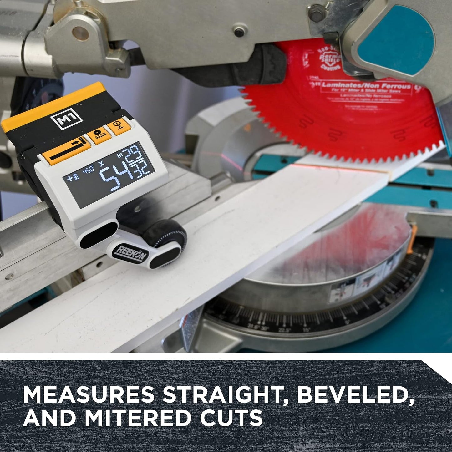REEKON M1 Caliber Digital Measuring Tool for Miter Saws | Eliminates Tape Measure & Pencil, Fast Repeatable Cuts, English & Metric Display, Broad Saw Compatibility, Job Site Ready