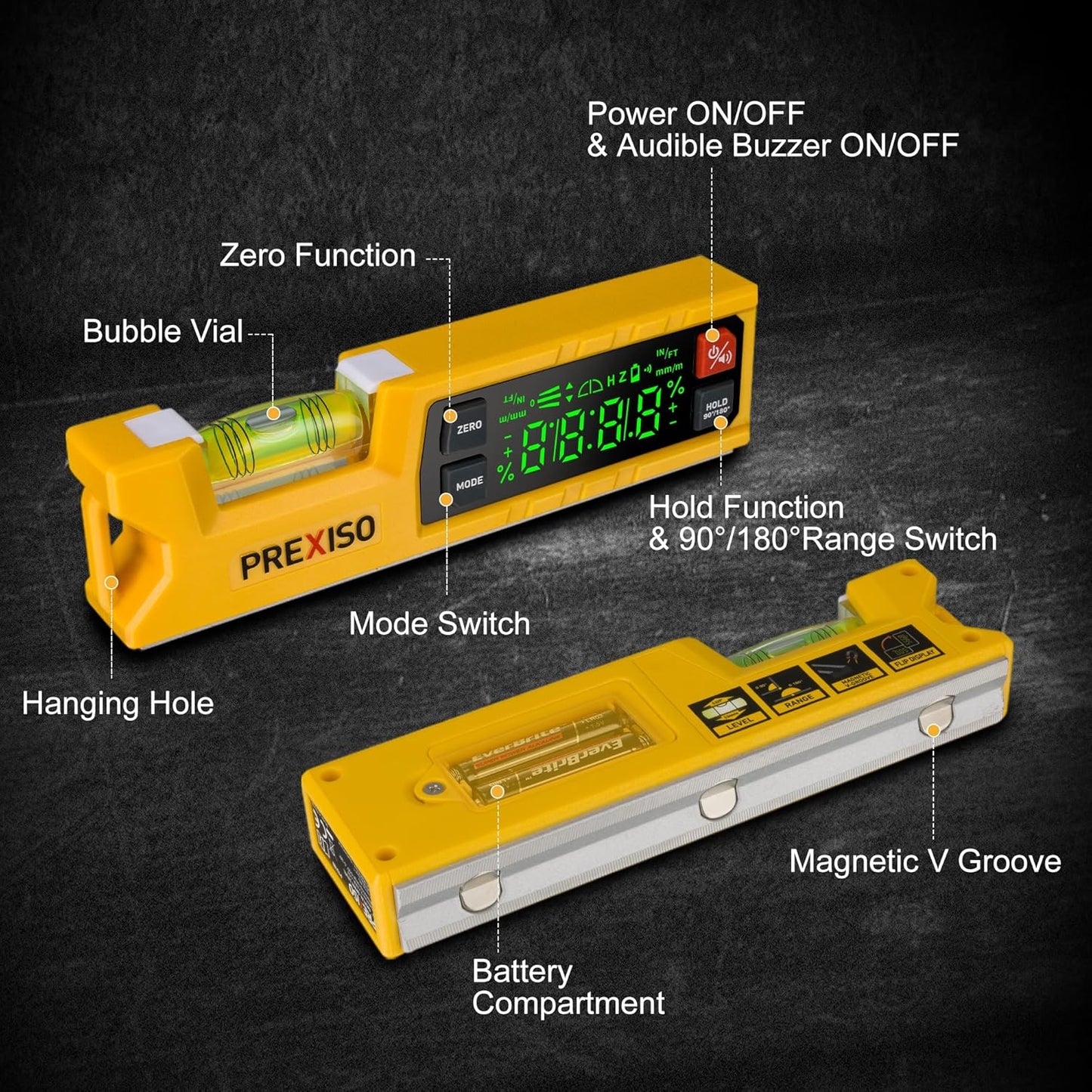 PREXISO Digital Level & Digital Protractor, 7" Angle Finder 0-90° & 0-180° | Electronic Bubble Inclinometer with Magnetic V-Groove & Audio Indicator for Woodwork, Saw & Home Drainage Leveling