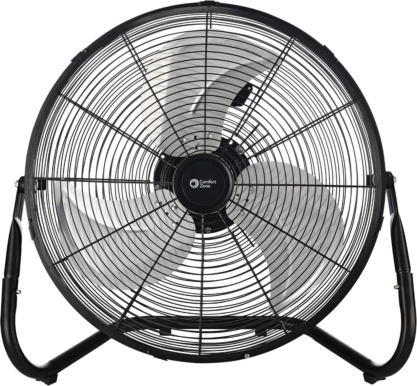 Comfort Zone Cradle Floor Fan, Electric, High-Velocity,180 Degree Adjustable Tilt, 18 inch, 3 Speed, Carry Handle, Rubber Feet, Metal, Airflow 19.36 ft/sec, Ideal for Garage or Workshop, CZHV18BK