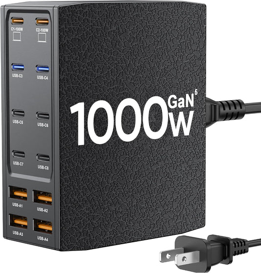 USB Charging Station (1000W),12-Port USB C Charger Block with Dual 100W PD USB-C Fast Charging Station Hub for MacBook Pro/Air/All iPad Phone 17/16 15/14/13/Pro Max/Samsung Galaxy Note (Black)
