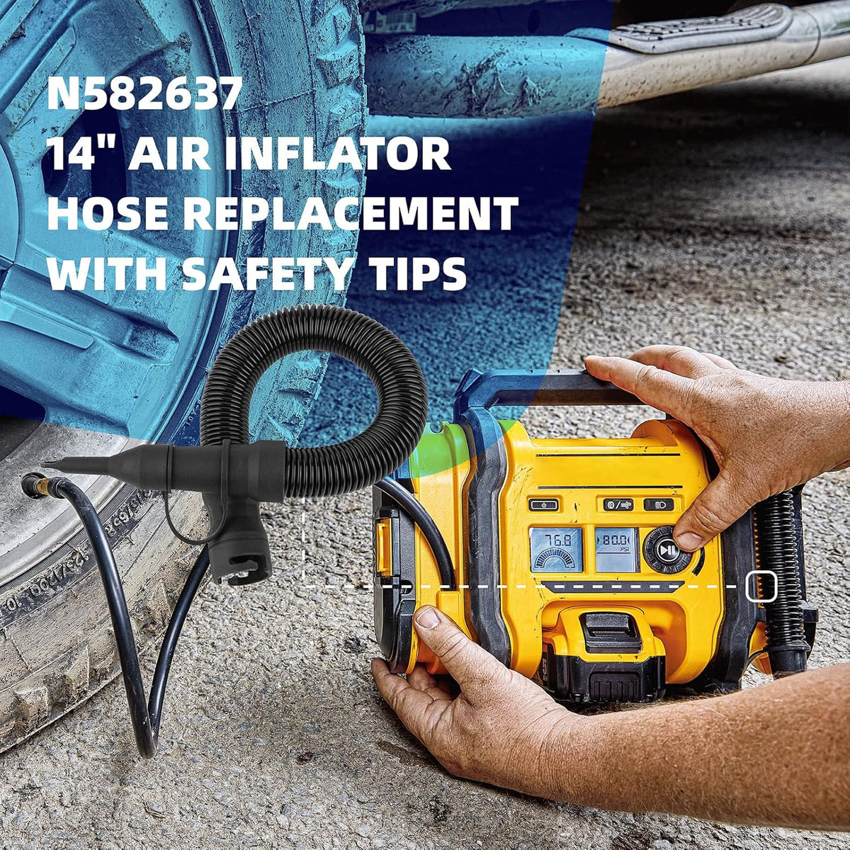 N582637 14” Air Inflator Hose Replacement with Safety Tips, Compatible with DeWalt DCC020IB, N769086 Air Compressor, Inflators, Tire Pump & Vacuum Accessories, Hose Assembly for DeWalt Inflator Parts