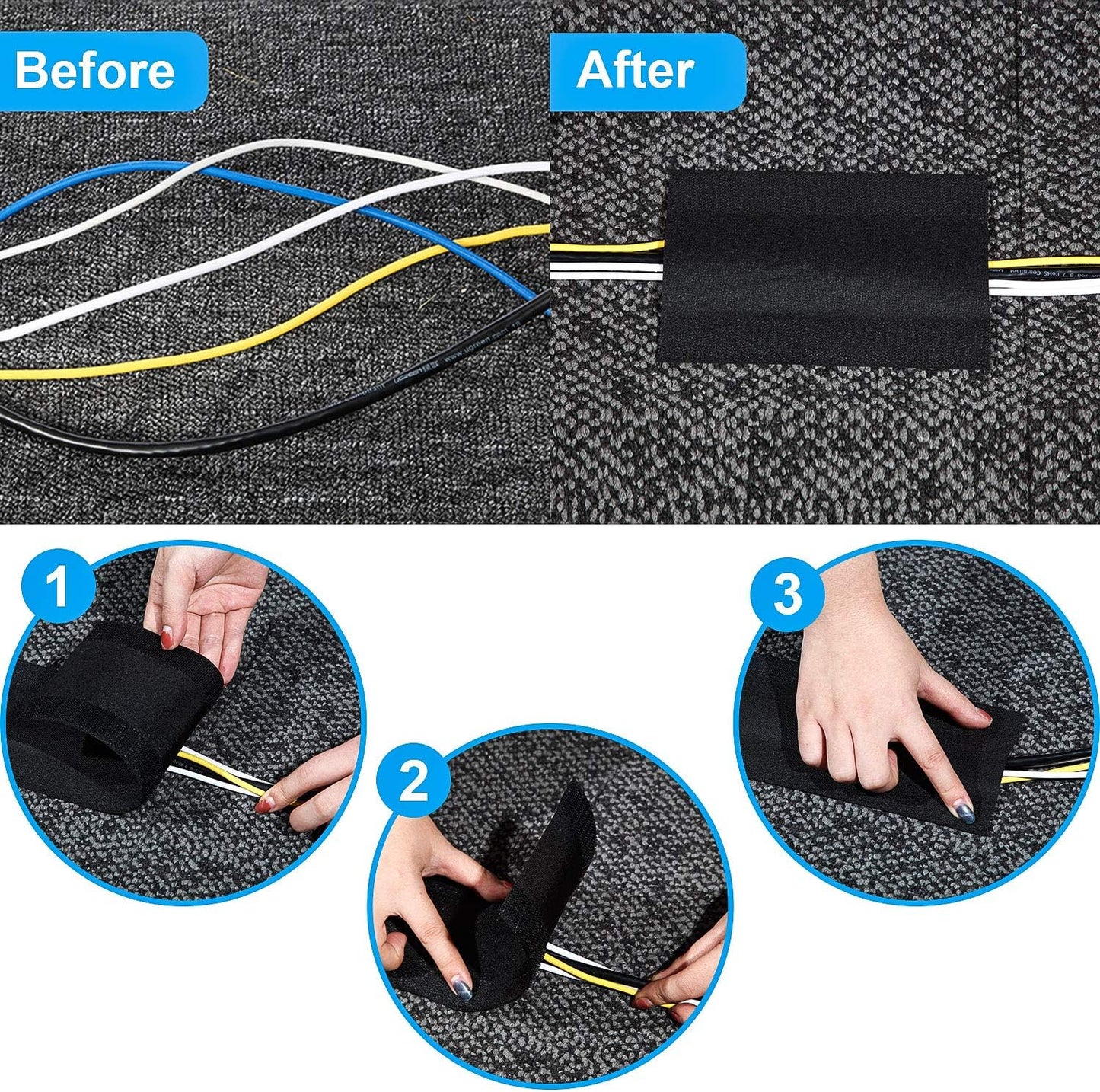 WILLBOND Carpet Cord Cover Cable Protector Floor Cover Cable Protector Management Only for Commercial Office Carpet(19.69 ft,Black)