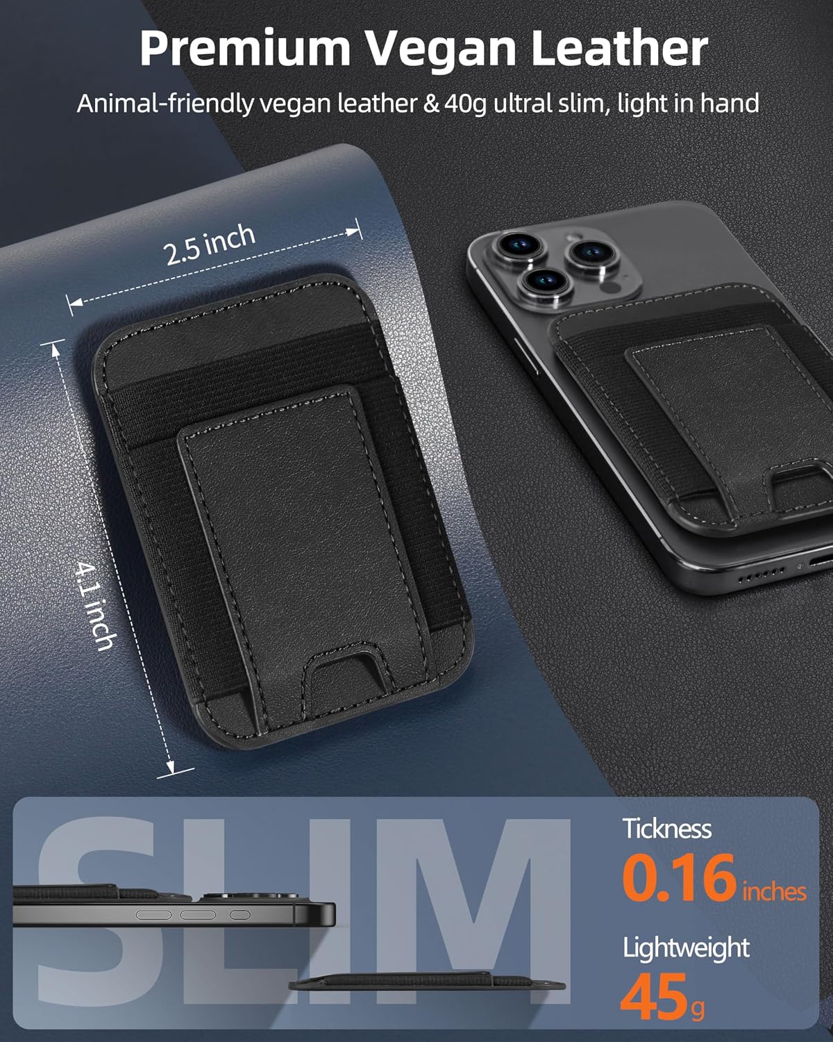 For Magsafe Wallet, 7 Cards Holder, Stronger Magnetic Wallet | Magnetic Phone Wallet for iPhone 17/16/15/14/13/12 Series, 2 Card Slots, RFID Blocking, Vegan Leather, Slim, Black