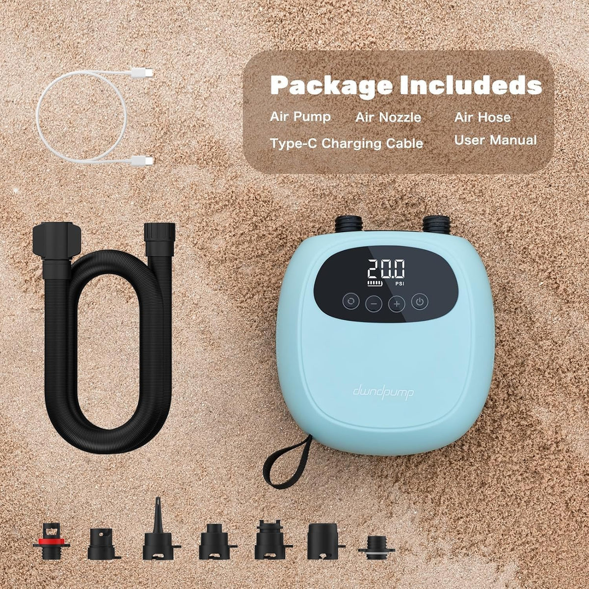 dwndpump Paddle Board Electric Pump, Rechargeable Battery-Powered Auto-Off | 20 PSI Portable Cordless Dual-Stage Inflation/Deflation, with 7 Valve Adapters, Inflatables for Kayaks, Wind Wings, SUPs