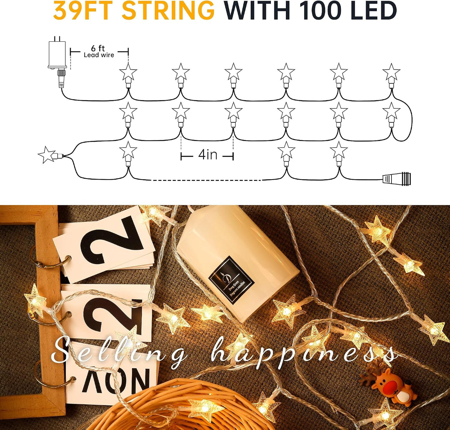 HEYFUNi Warm White Star String Lights, 39FT Plug in Fairy Twinkle Lights | 100LED Christmas Tree Lights With Remote, Star Lights for Bedroom, Home, Girls'Room, Garden, Party, Wedding, Classroom Decor