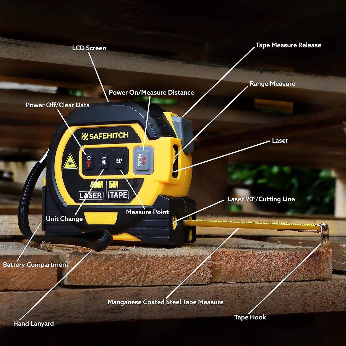Laser Tape Measure 3-in-1 with Large LCD Display | Digital Laser Measurement Tool in/ft/m Scales up to 131ft/40M with calculations | Tape Measure 16ft/5M and Cross Line Laser Yellow