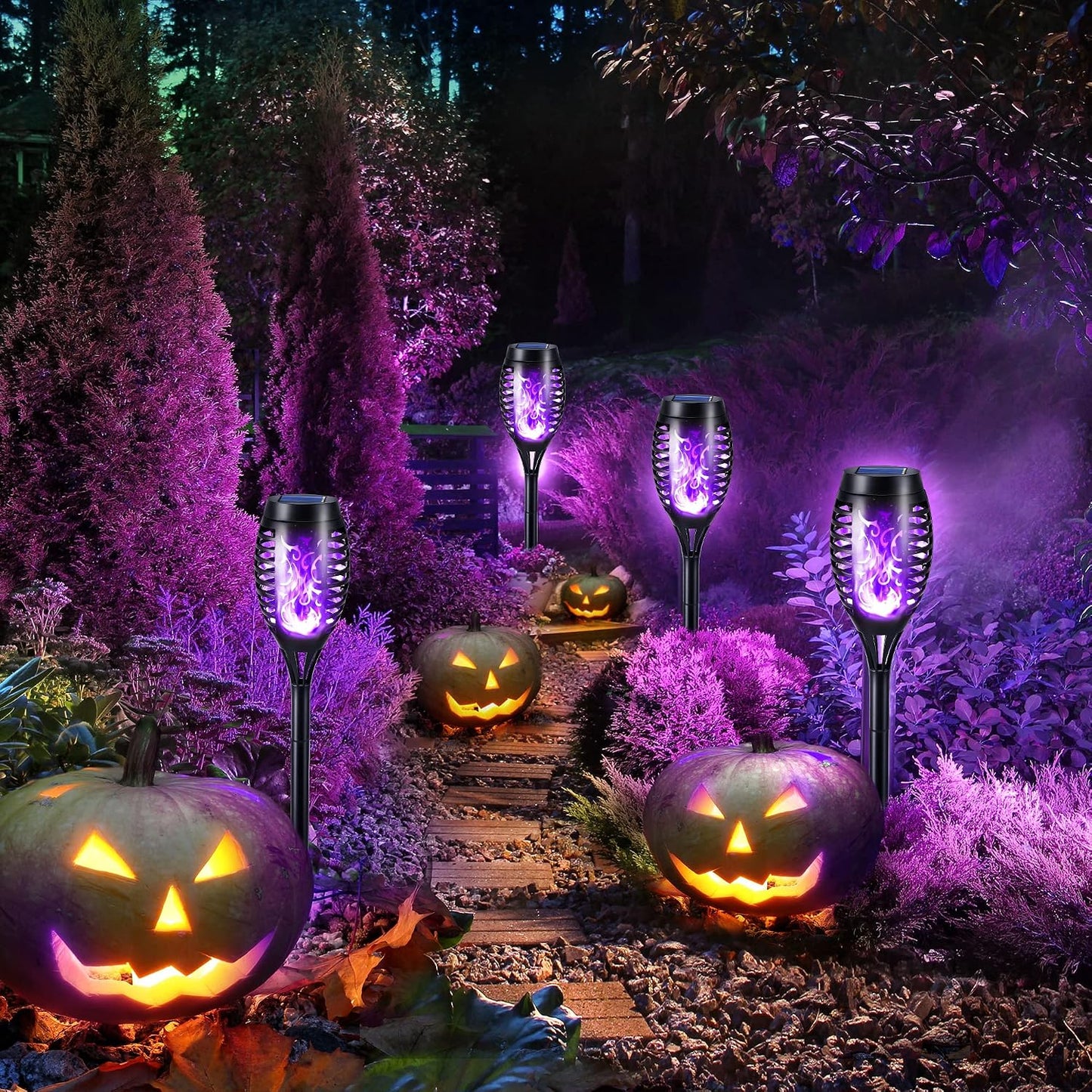 Toodour Solar Torch Flame Lights, 12 Pack Solar Halloween Lights Outdoor | with Flickering Flame, Waterproof Patio Light Landscape Decoration Lighting for Garden Yard Outdoor Halloween Decor - Purple
