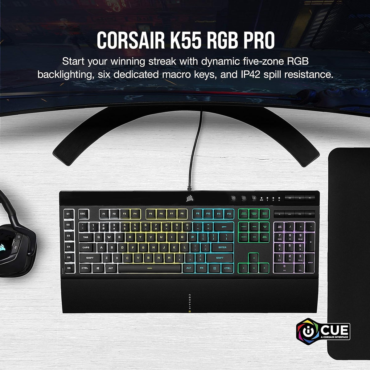 Corsair K55 RGB PRO Membrane Wired Gaming Keyboard – IP42 Dust and Spill-Resistant – 6 Macro Keys with Elgato Integration – iCUE Compatible – QWERTY NA – PC, Mac, Xbox – Black