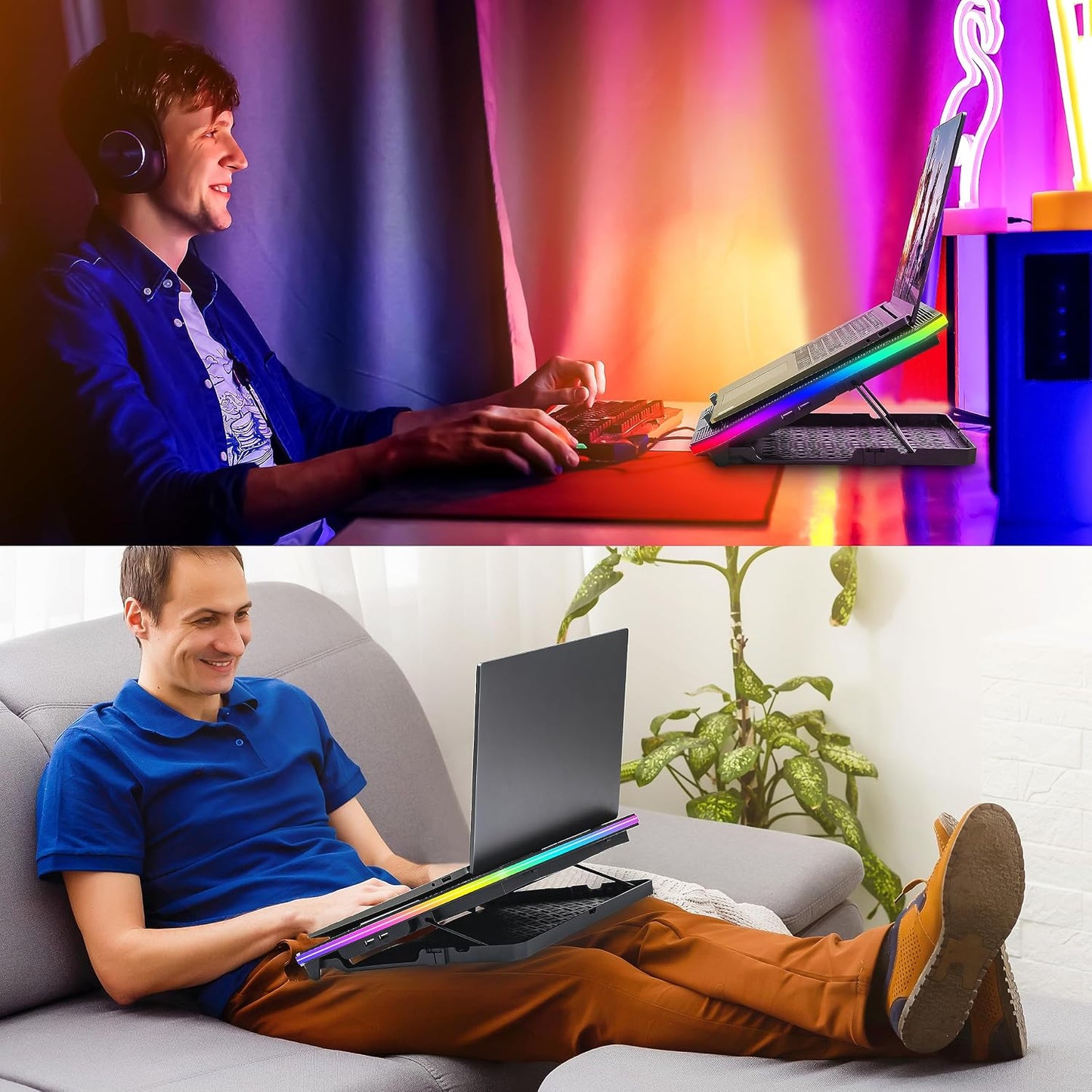 TopMate C12 Laptop Cooling Pad RGB Gaming Notebook Cooler for Desk and Lap Use, Laptop Fan Stand 8 Adjustable Heights with 6 Quiet Fans and Phone Holder, for 15.6-17.3 Inch Laptops-Ice Blue LED Light