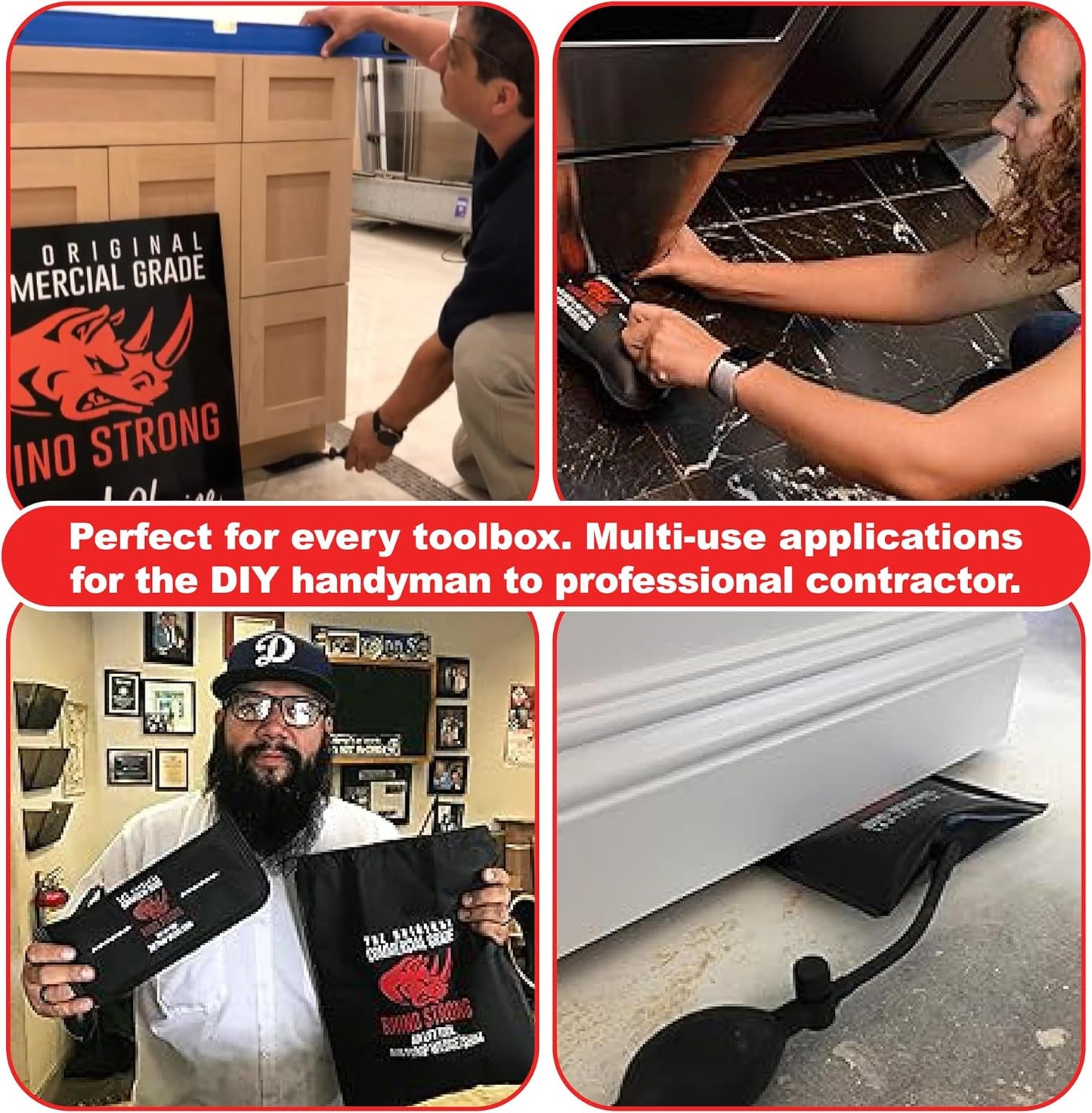 The Original Rhino Strong Commercial Grade Air Wedge Bag Pump Professional Leveling Kit & Alignment Tool Inflatable Shim Bag 3 Piece (Small, Medium, Large). 3 sizes for all of your individual needs.