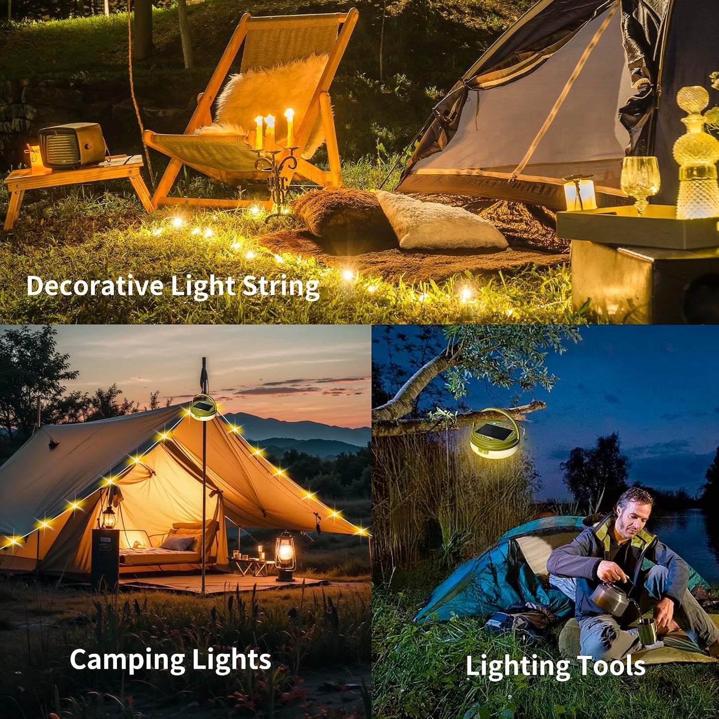 Solar Camping String Lights, 33FT 100LED Quick Storage Rechargeable Tent Lights with 9 Lighting Modes, Portable Camping Fairy Lights Waterproof for Outdoor Patio Garden Party Decorations