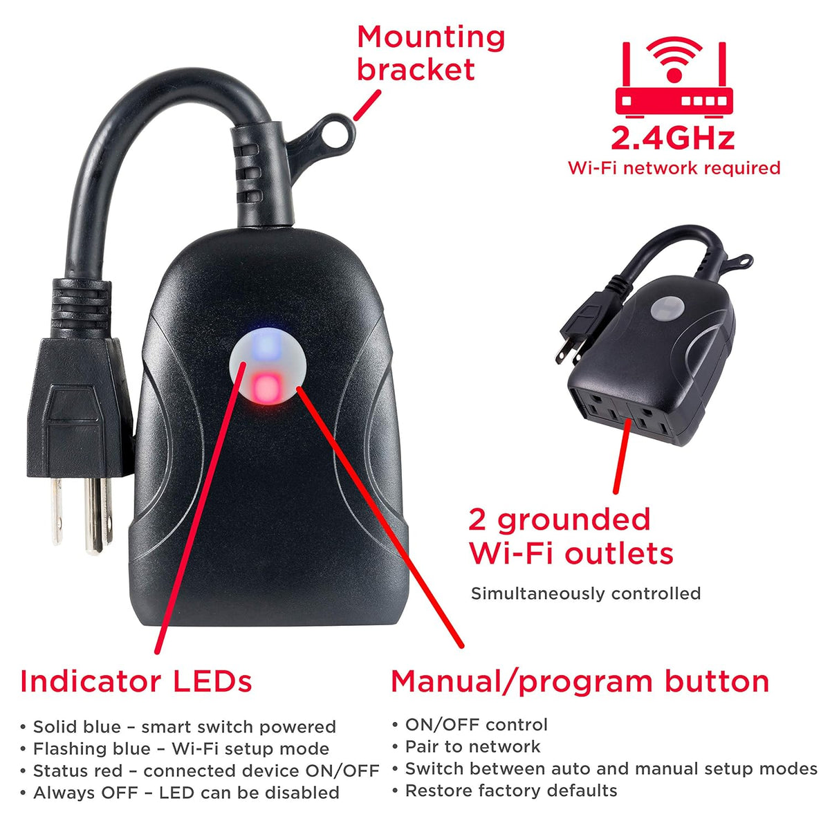 UltraPro Outdoor Smart Plug, 2 Grounded Outlets, Black, 1 Pack