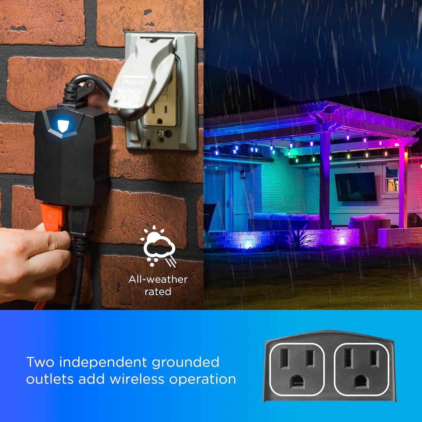 Enbrighten Vibe Outdoor Dual‑Outlet Wi‑Fi Matter Smart Plug, 2.4GHz, No Hub Required, Compatible with Alexa, Google Assistant and Apple HomeKit, Dual Grounded Plug‑in Outlets, 81912-TS1