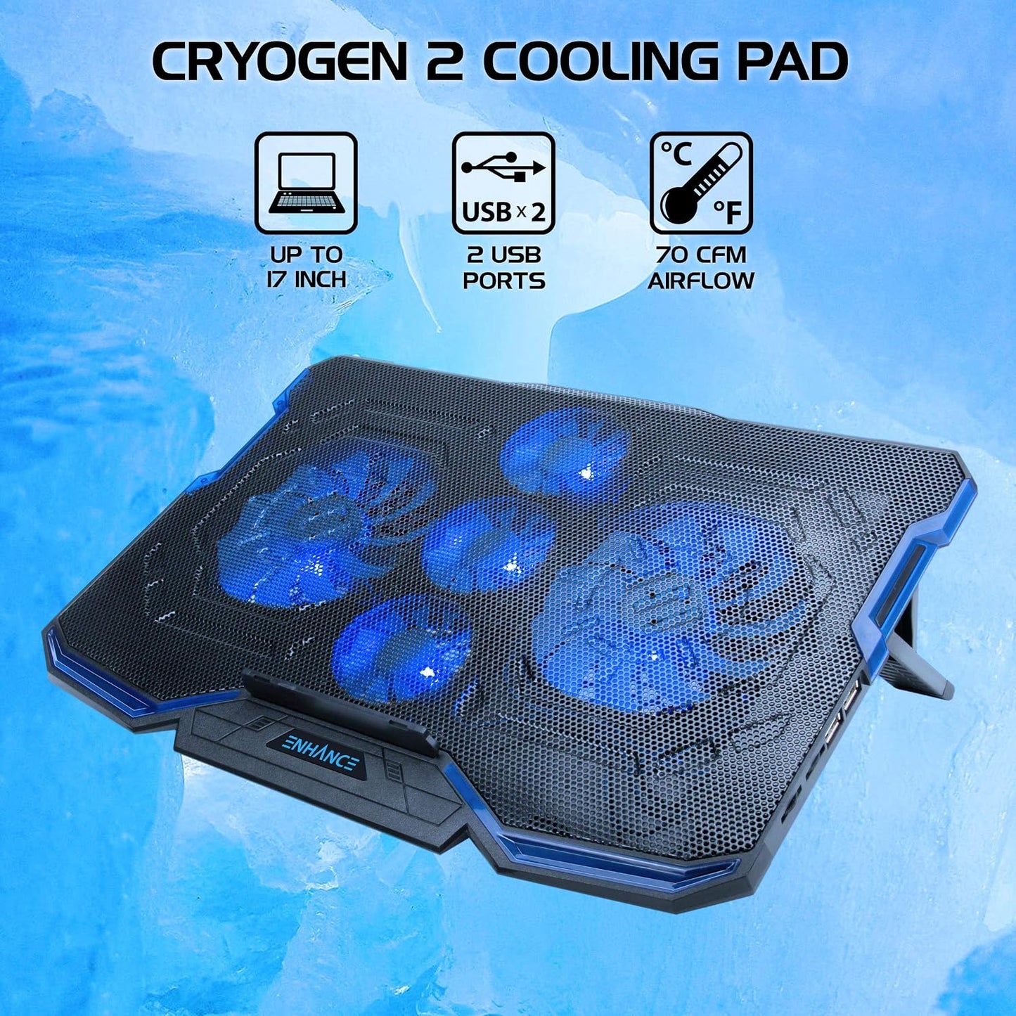 ENHANCE Cryogen Gaming Laptop Cooling Pad - Fits 17 in Computer- Adjustable Laptop Cooling Stand with 5 Quiet Cooler Fans, 2 USB Ports and LED Lighting - Slim Portable Design 2500 RPM (Blue)