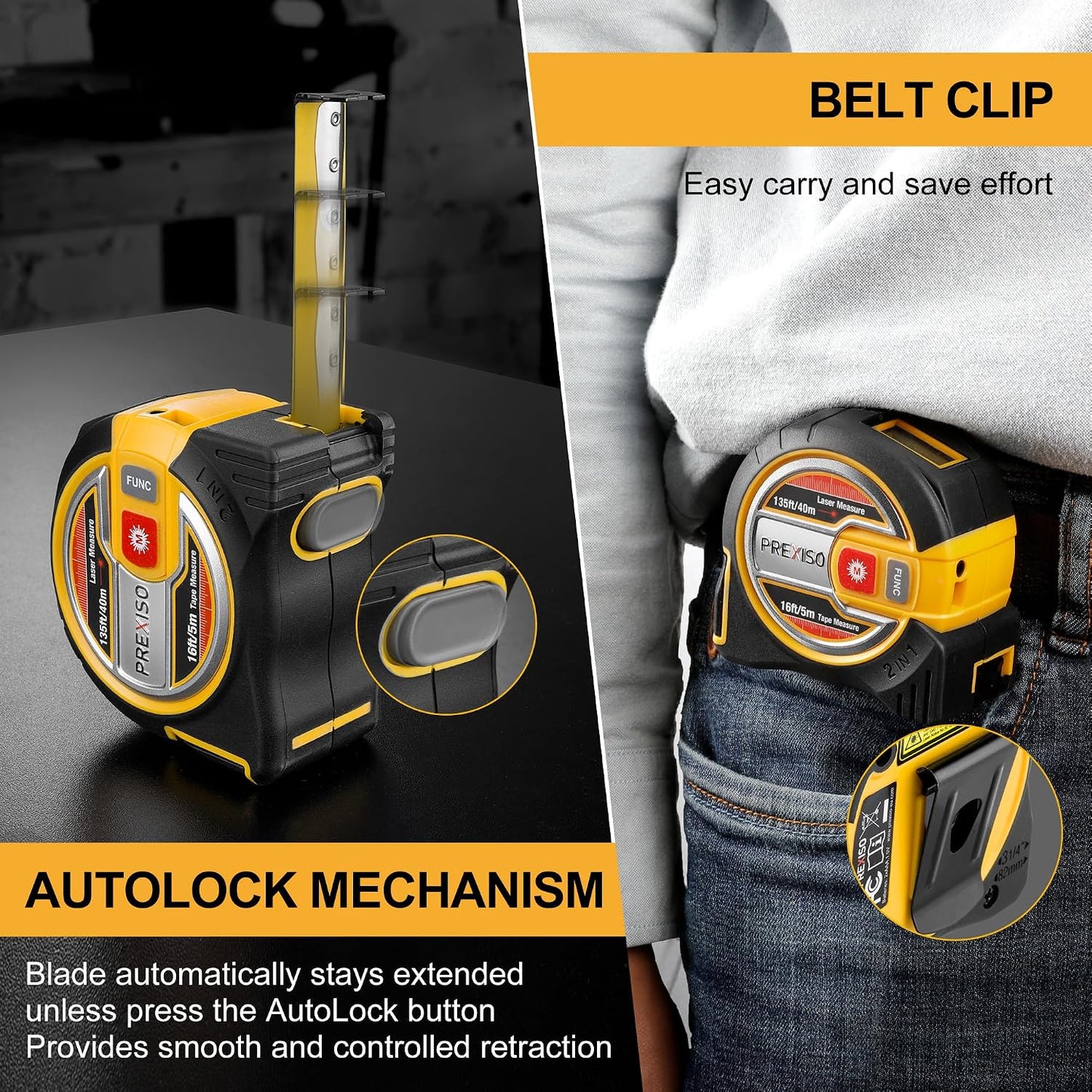 PREXISO 2-in-1 Laser Tape Measure - NOT Digital - 135Ft Laser Measurement Tool & 16Ft Measuring Tape with Auto Lock & Movable Magnetic Hook - Pythagorean, Area, Volume, Ft/Ft+in/in/M Unit-NOT Digital