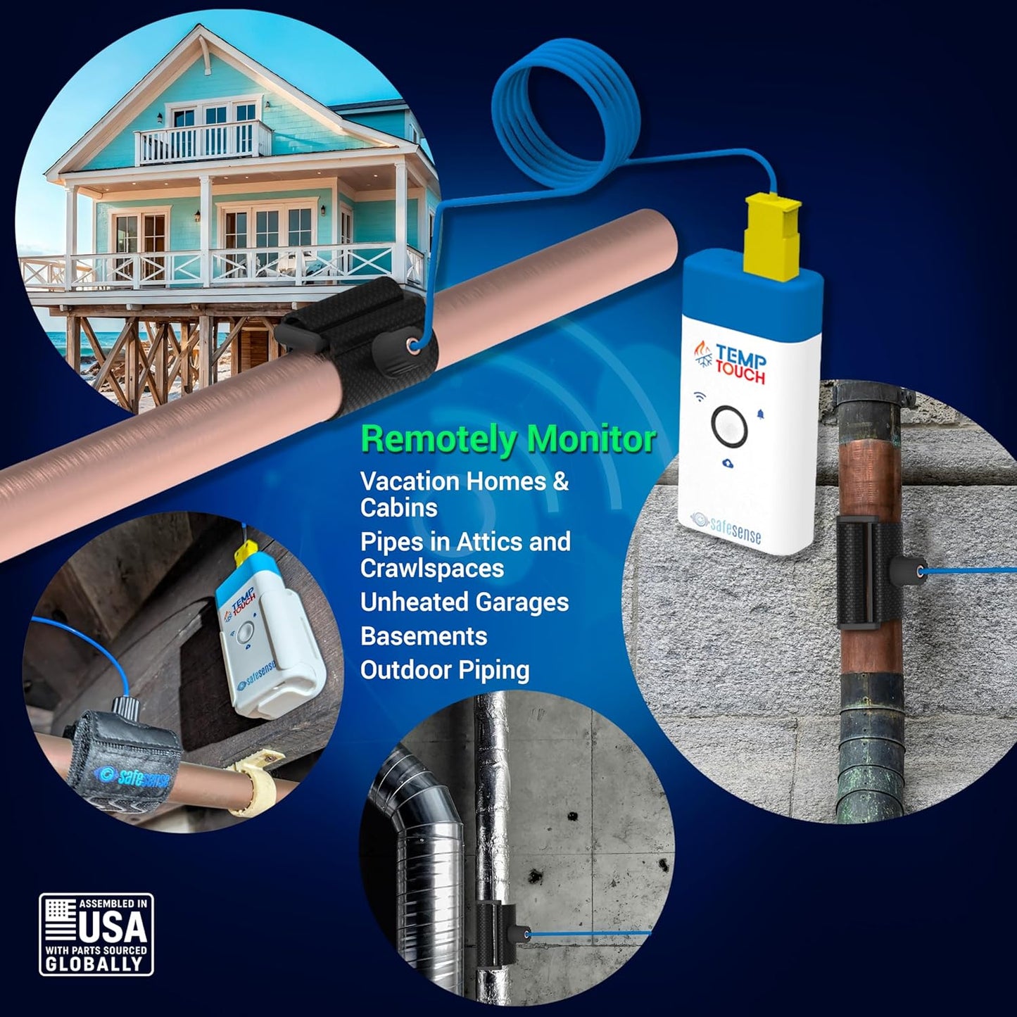 TempTouch WiFi Clamp Temperature and Humidity Sensor, Smart Thermometer for Plumbing and HVAC, App-Controlled Wireless with Velcro Strap