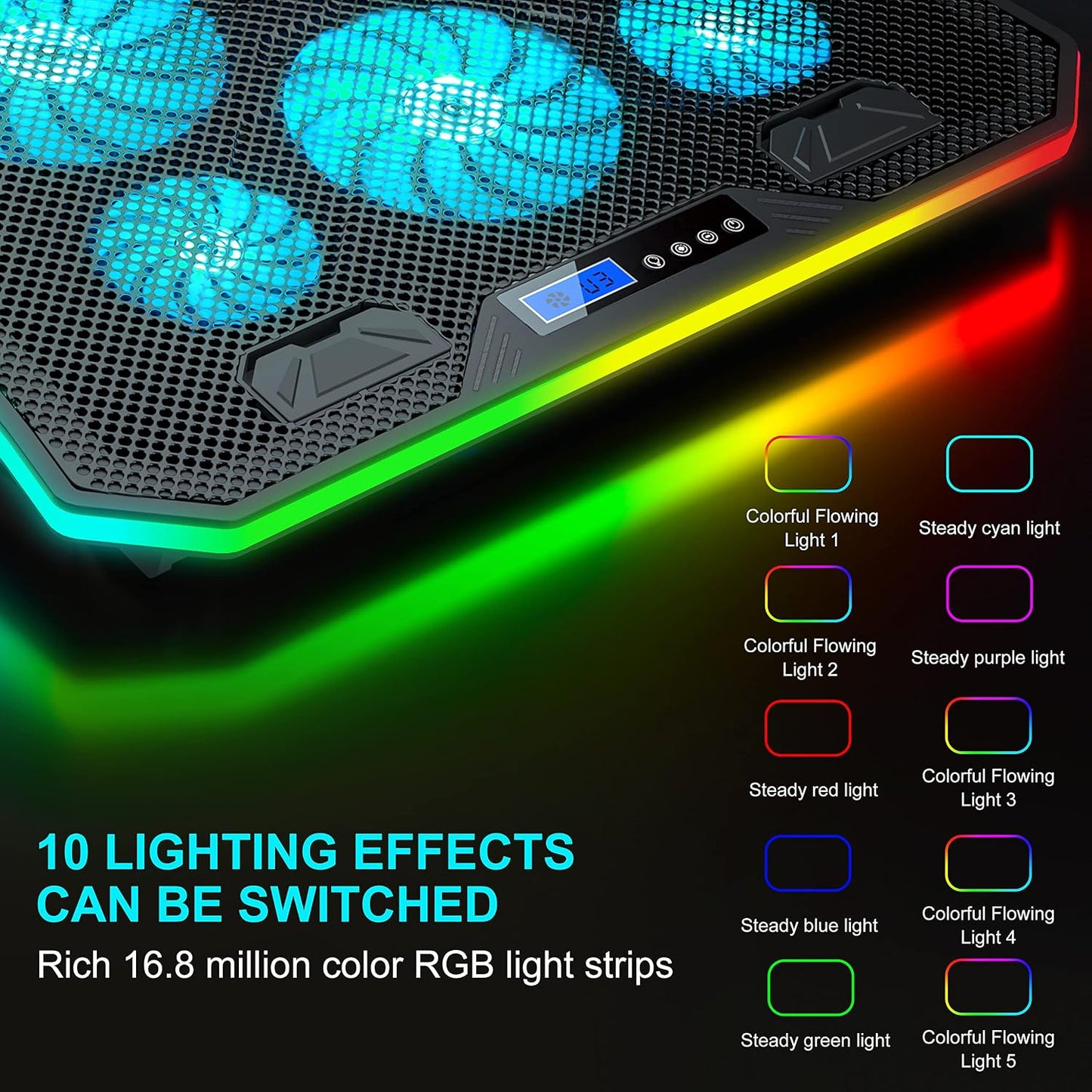 TopMate C12 Laptop Cooling Pad RGB Gaming Notebook Cooler for Desk and Lap Use, Laptop Fan Stand 8 Adjustable Heights with 6 Quiet Fans and Phone Holder, for 15.6-17.3 Inch Laptops-Ice Blue LED Light