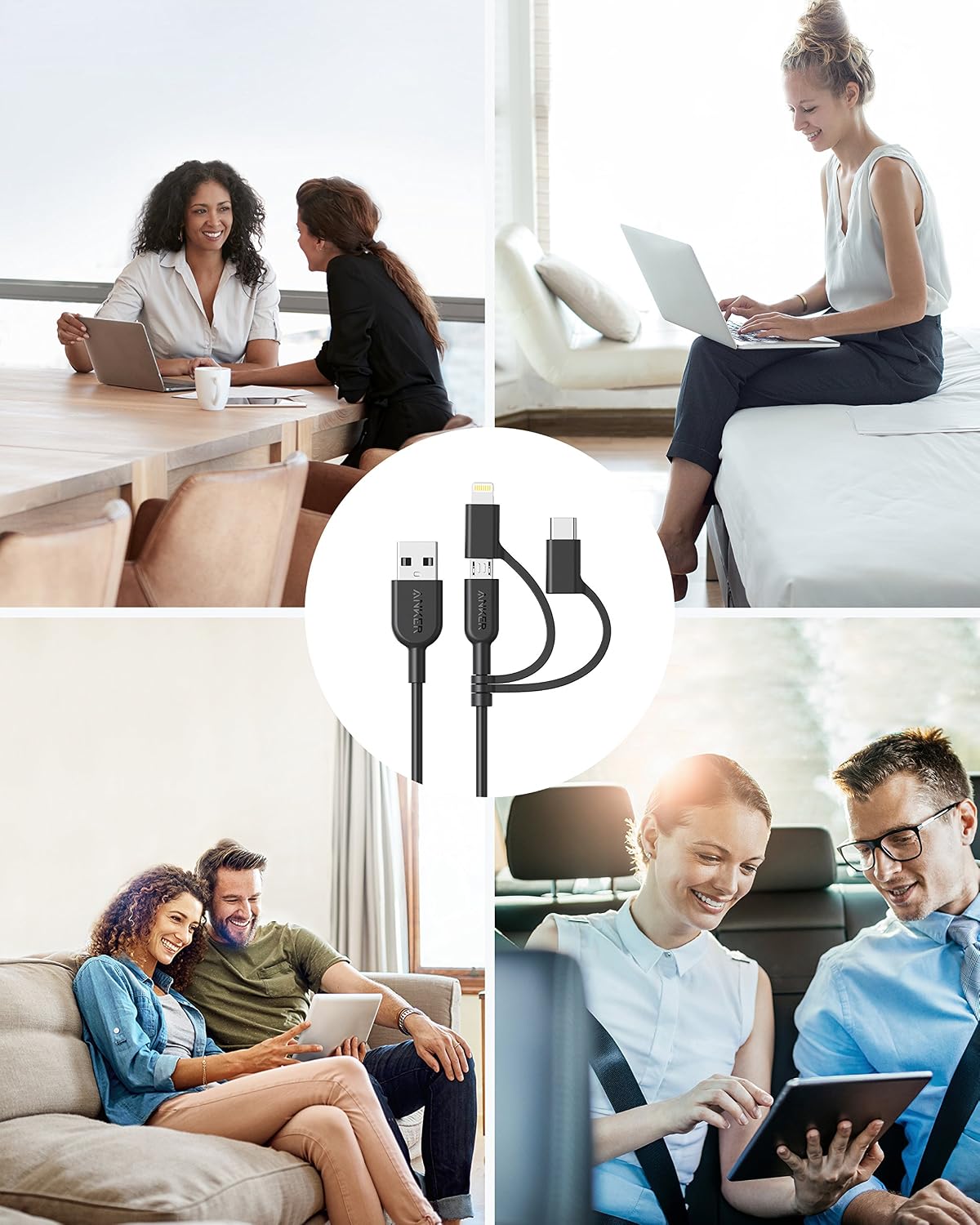 Anker Powerline II 3-in-1 Lightning, USB C, Micro USB Cable (3 ft, Black) | Compatible with iPhone, iPad, Huawei, HTC, LG, Samsung, Sony Xperia, Android Devices, and More