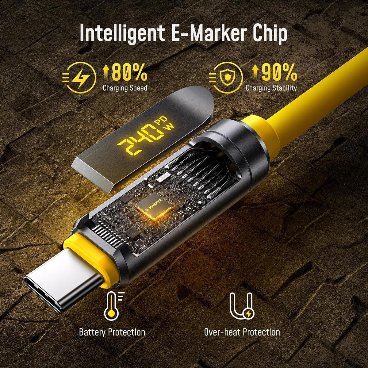 AOHI USB4 2.0 Cable with LED Digital Display 3.3ft, 240W PD3.1 Fast Charging, 80Gbps Data Transfer, Dual 8K Display, The Adonis USB C Cable for MacBook Pro/iPhone 17 Pro Max/Galaxy/SSD/Docking,Yellow